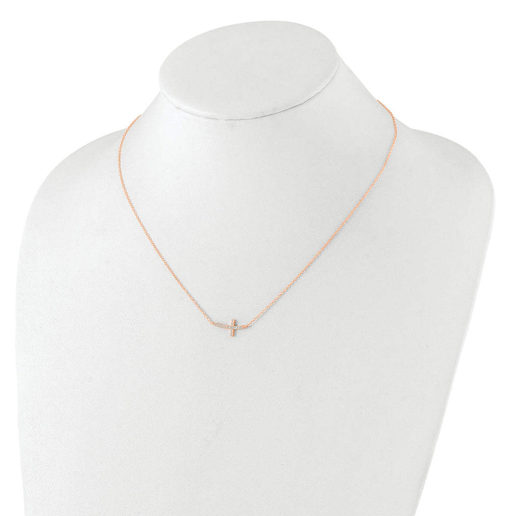 Sterling Silver Rose Gold-plated CZ Sideways Cross With 2in Ext Necklace