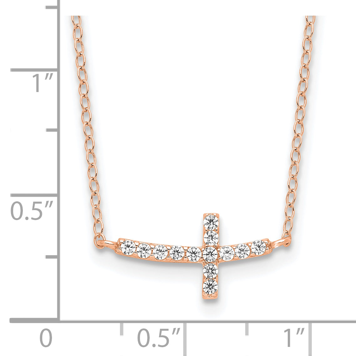 Sterling Silver Rose Gold-plated CZ Sideways Cross With 2in Ext Necklace