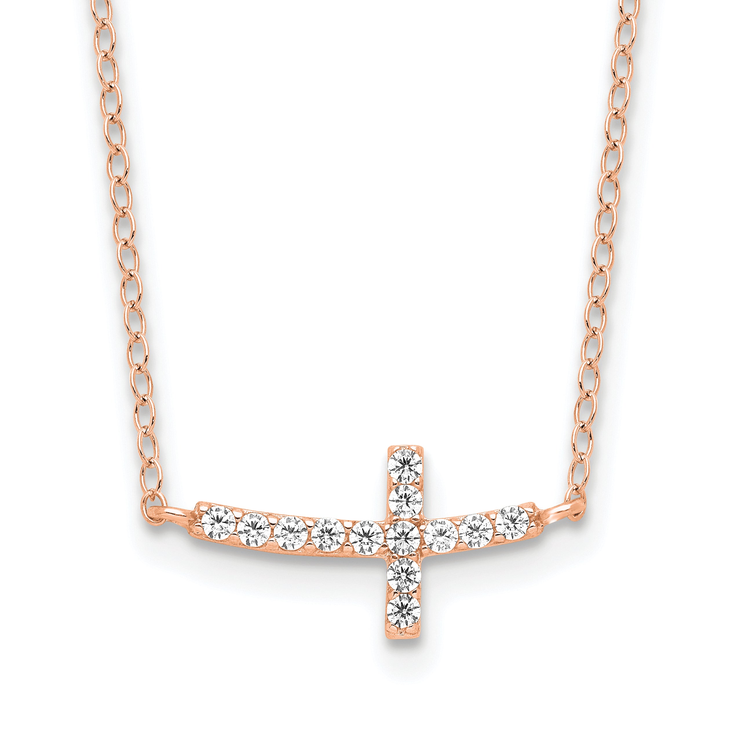 Sterling Silver Rose Gold-plated CZ Sideways Cross With 2in Ext Necklace