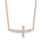 Sterling Silver Rose Gold-plated CZ Sideways Cross With 2in Ext Necklace