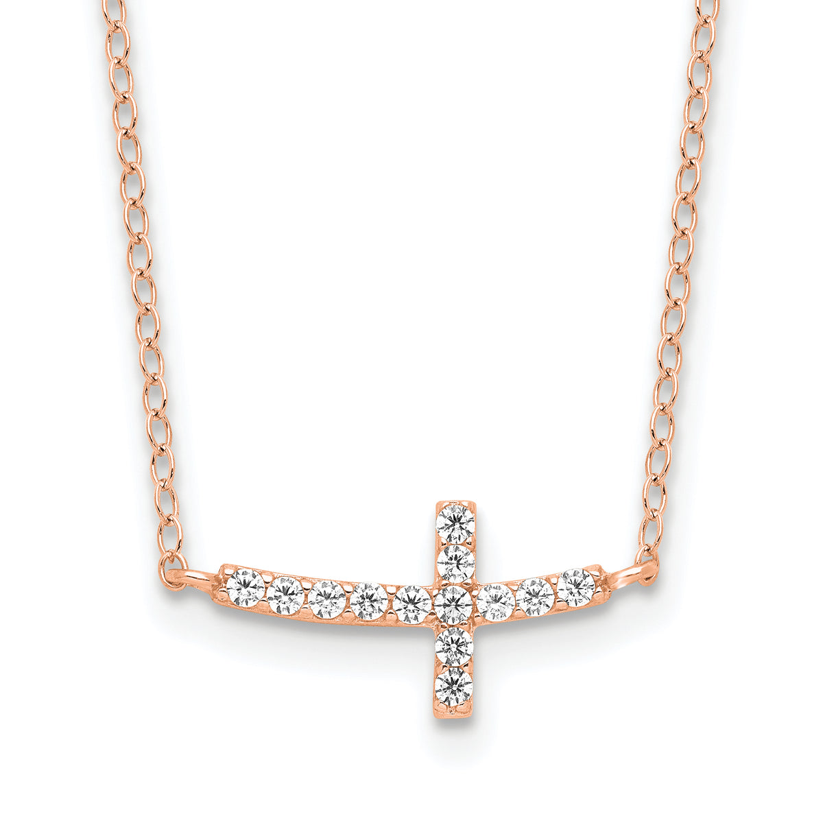 Sterling Silver Rose Gold-plated CZ Sideways Cross With 2in Ext Necklace