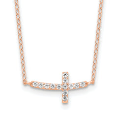 Sterling Silver Rose Gold-plated CZ Sideways Cross With 2in Ext Necklace