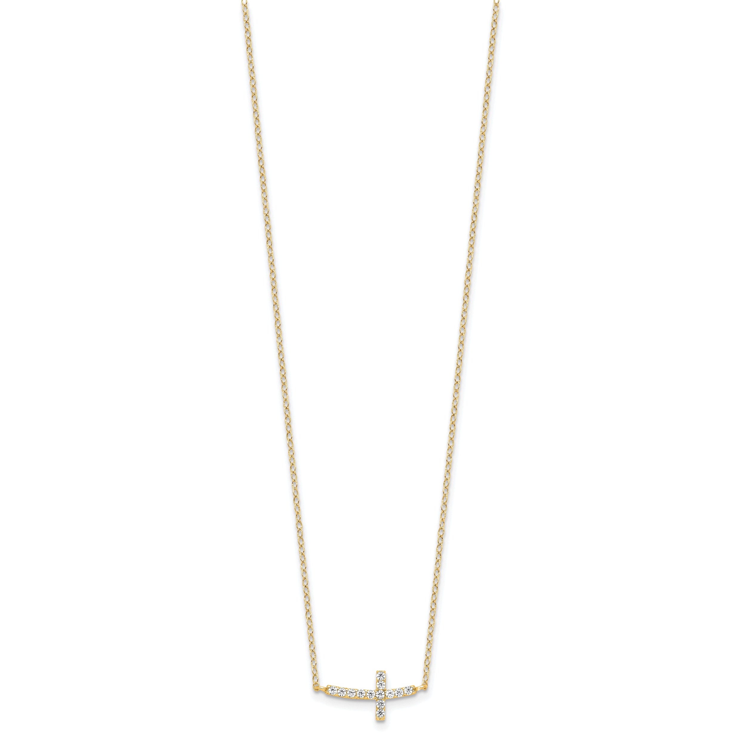 Sterling Silver Yellow Gold-plated CZ Sideways Cross With 2in Ext Necklace