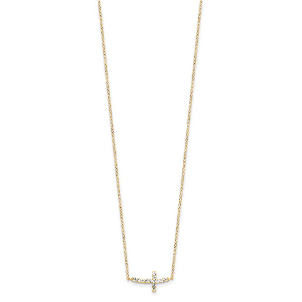 Sterling Silver Yellow Gold-plated CZ Sideways Cross With 2in Ext Necklace