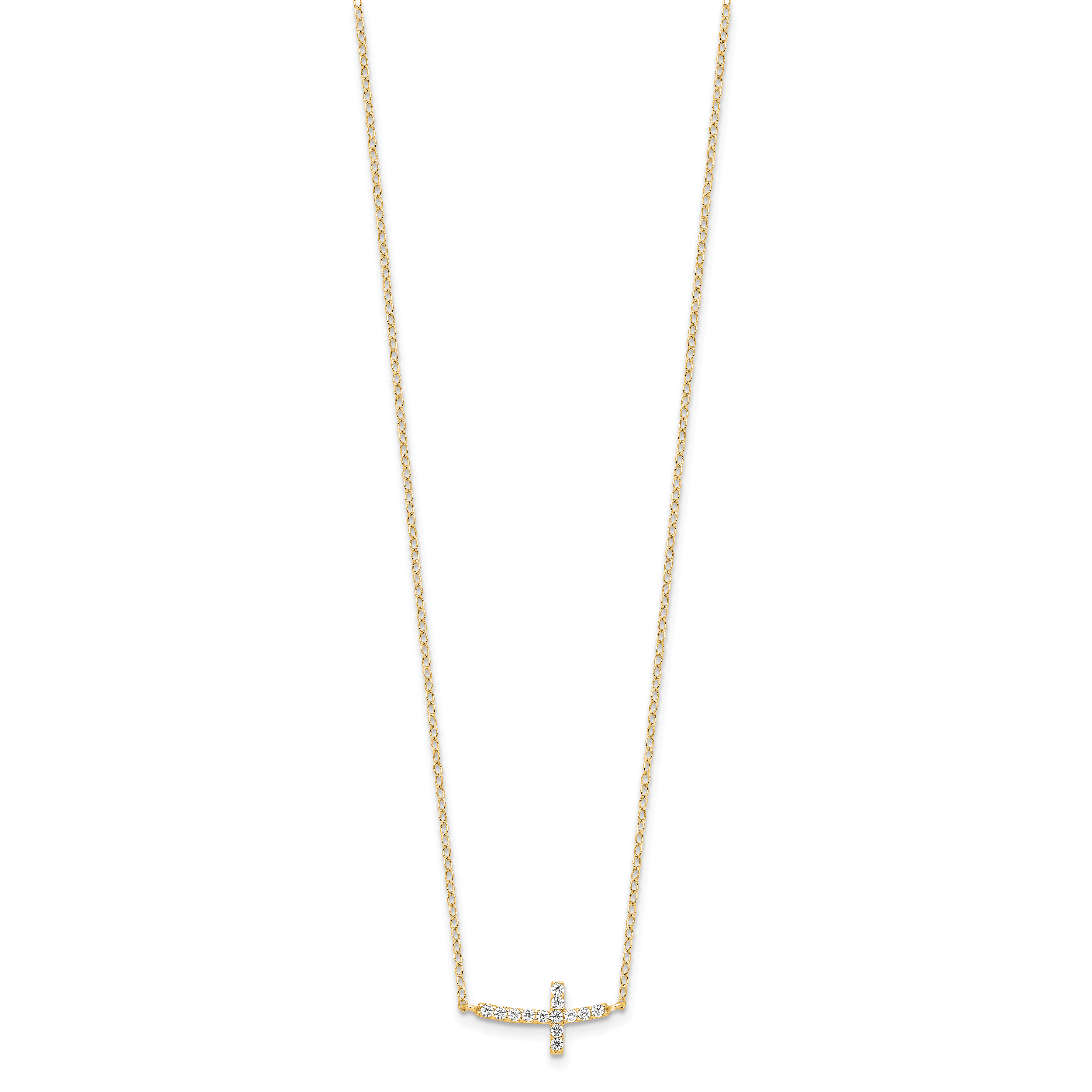 Sterling Silver Yellow Gold-plated CZ Sideways Cross With 2in Ext Necklace