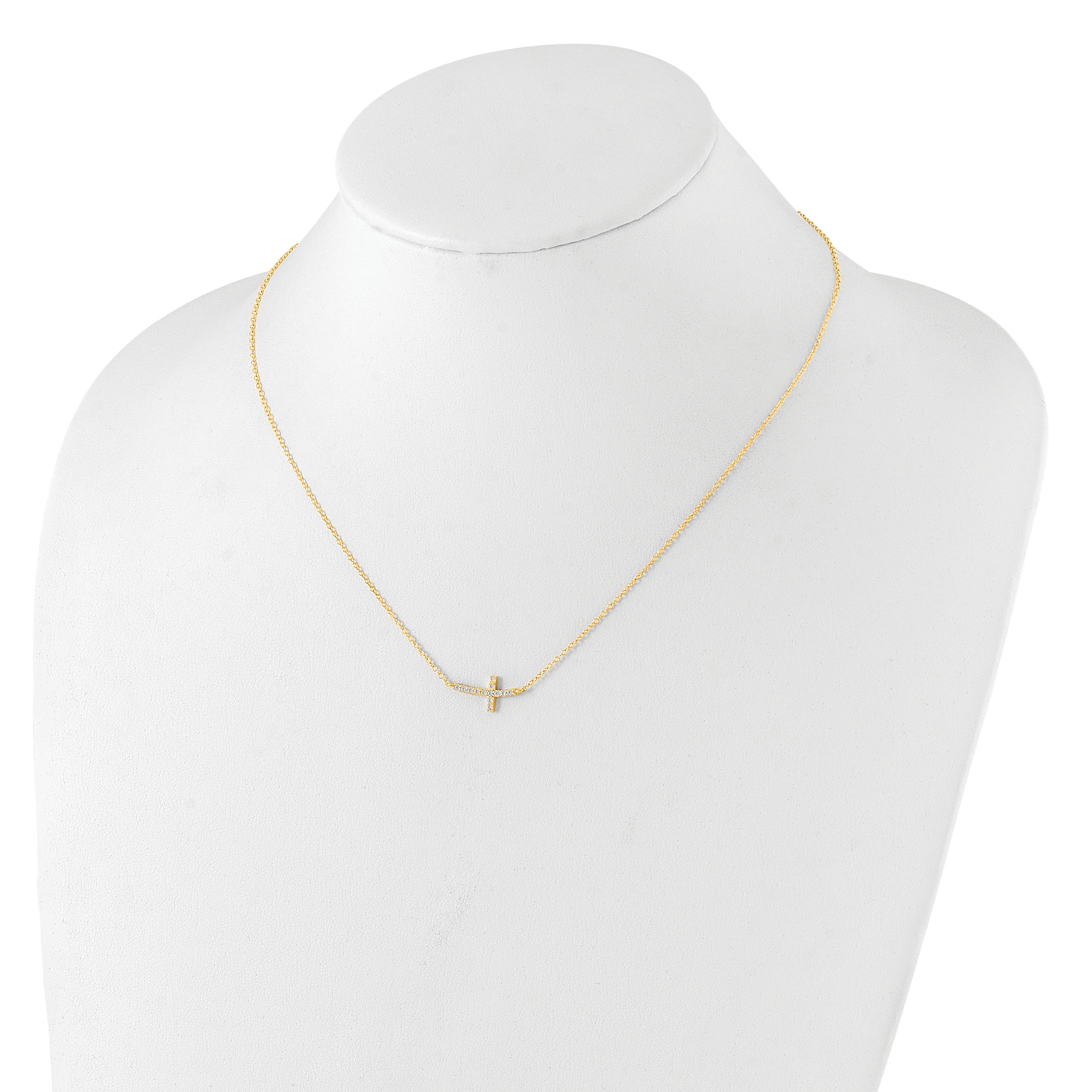 Sterling Silver Yellow Gold-plated CZ Sideways Cross With 2in Ext Necklace