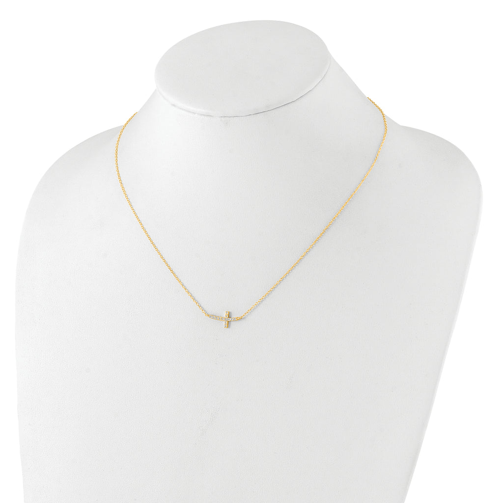 Sterling Silver Yellow Gold-plated CZ Sideways Cross With 2in Ext Necklace