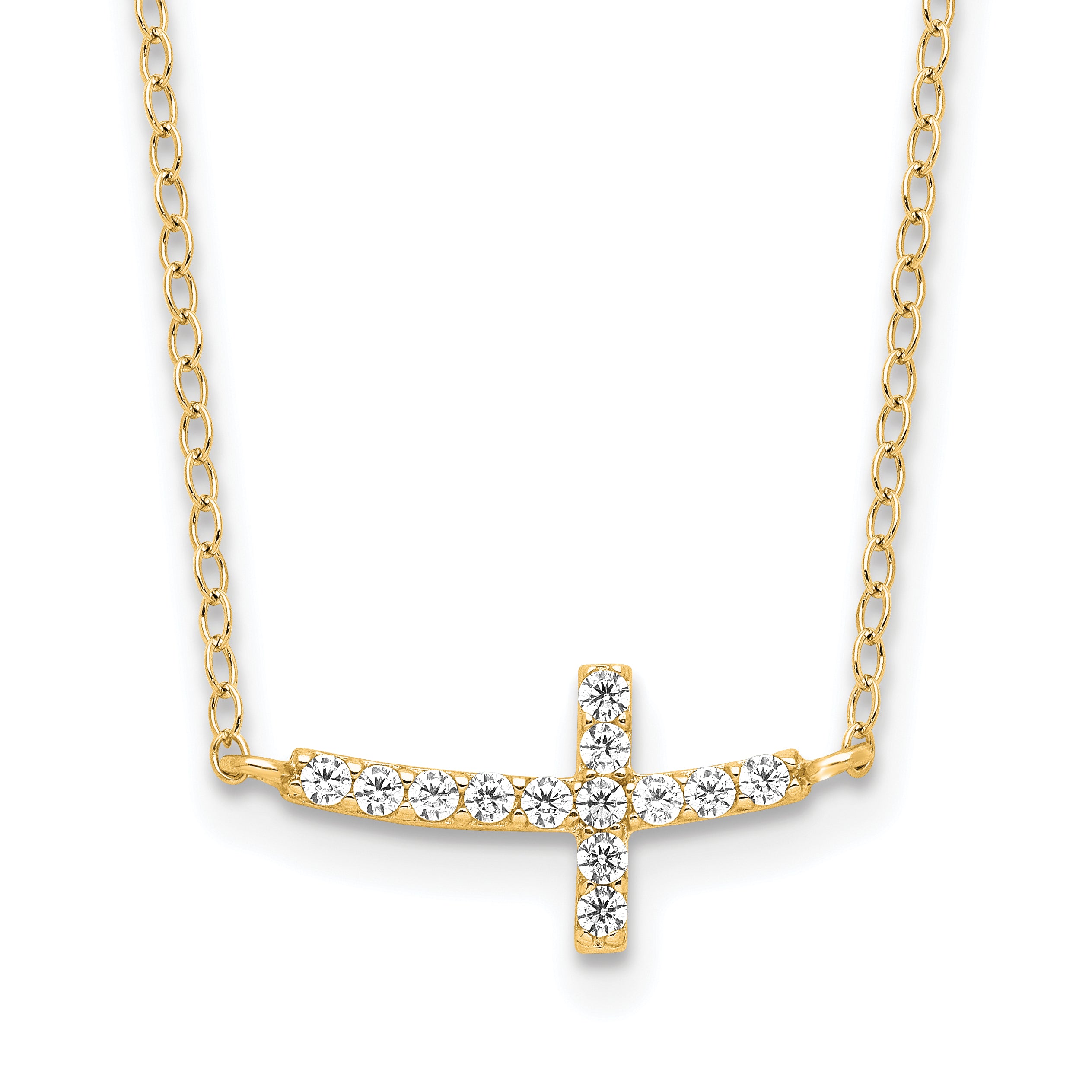 Sterling Silver Yellow Gold-plated CZ Sideways Cross With 2in Ext Necklace Main image