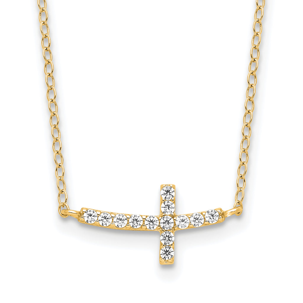 Sterling Silver Yellow Gold-plated CZ Sideways Cross With 2in Ext Necklace