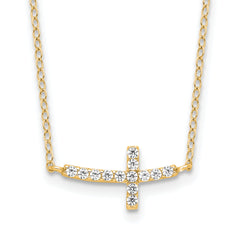 Sterling Silver Yellow Gold-plated CZ Sideways Cross With 2in Ext Necklace
