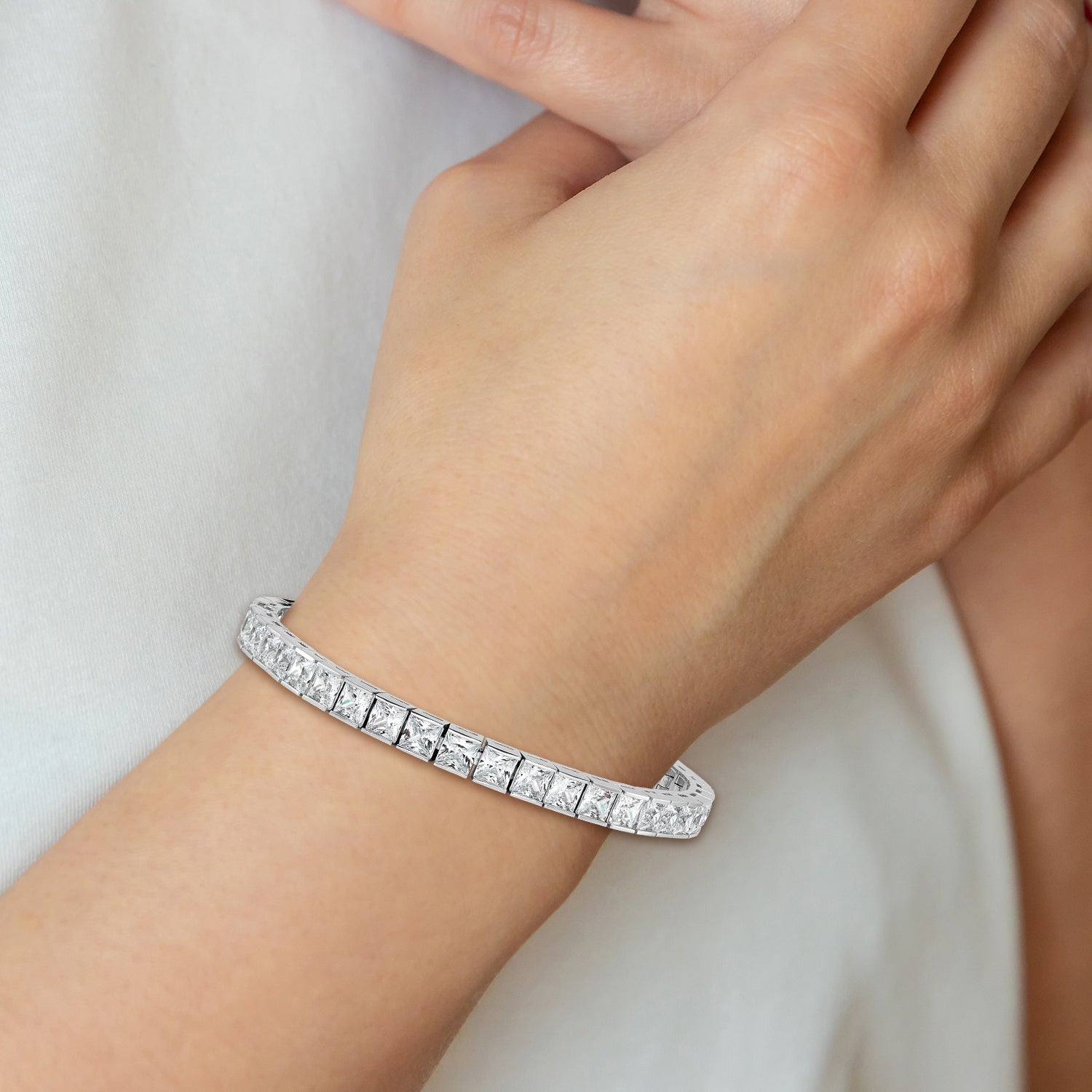 Sterling Silver Rhodium Plated CZ 47 Stone 8in Bracelet