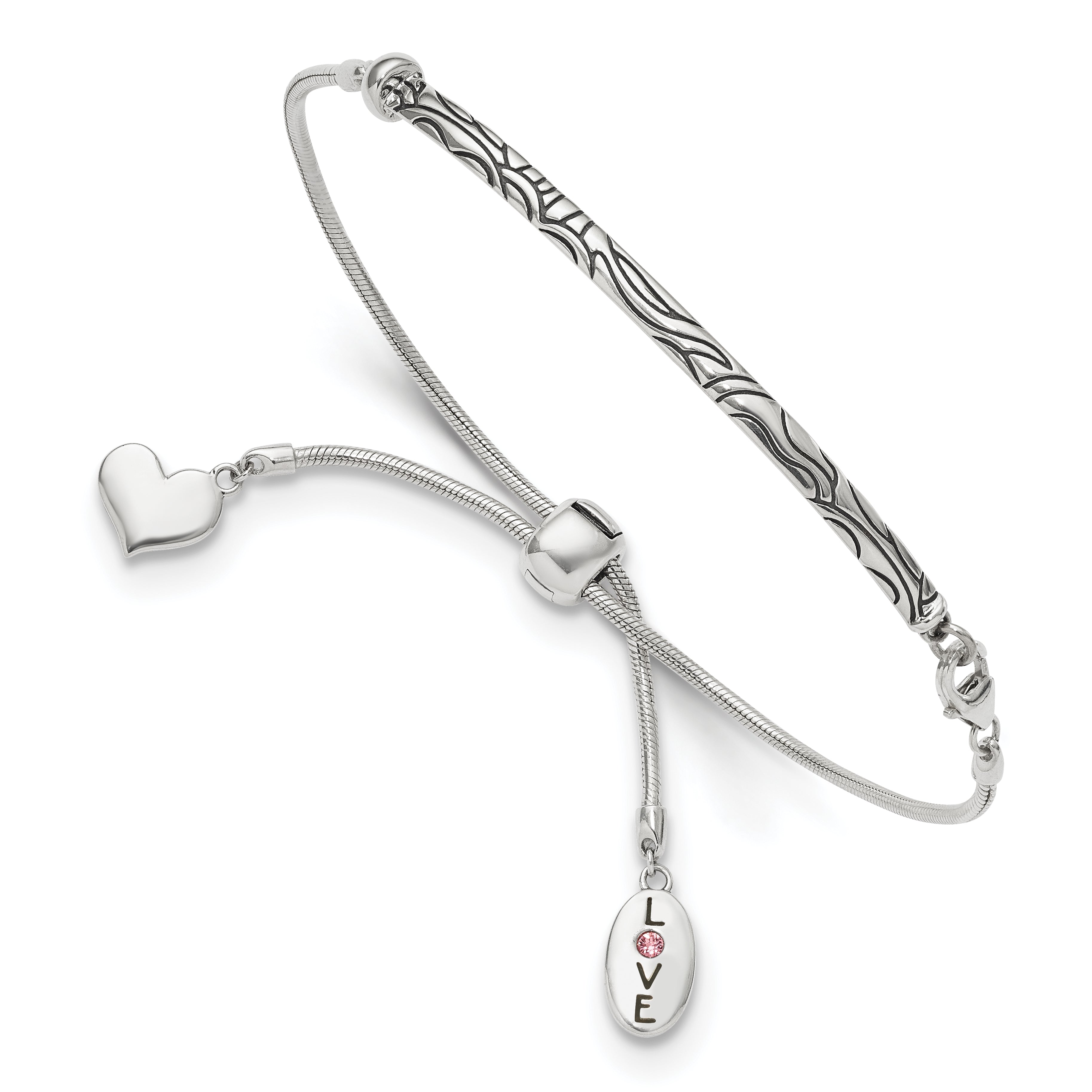 Sterling Silver Antiqued Reflections Crystal Love Heart Adjust Bracelet Main image