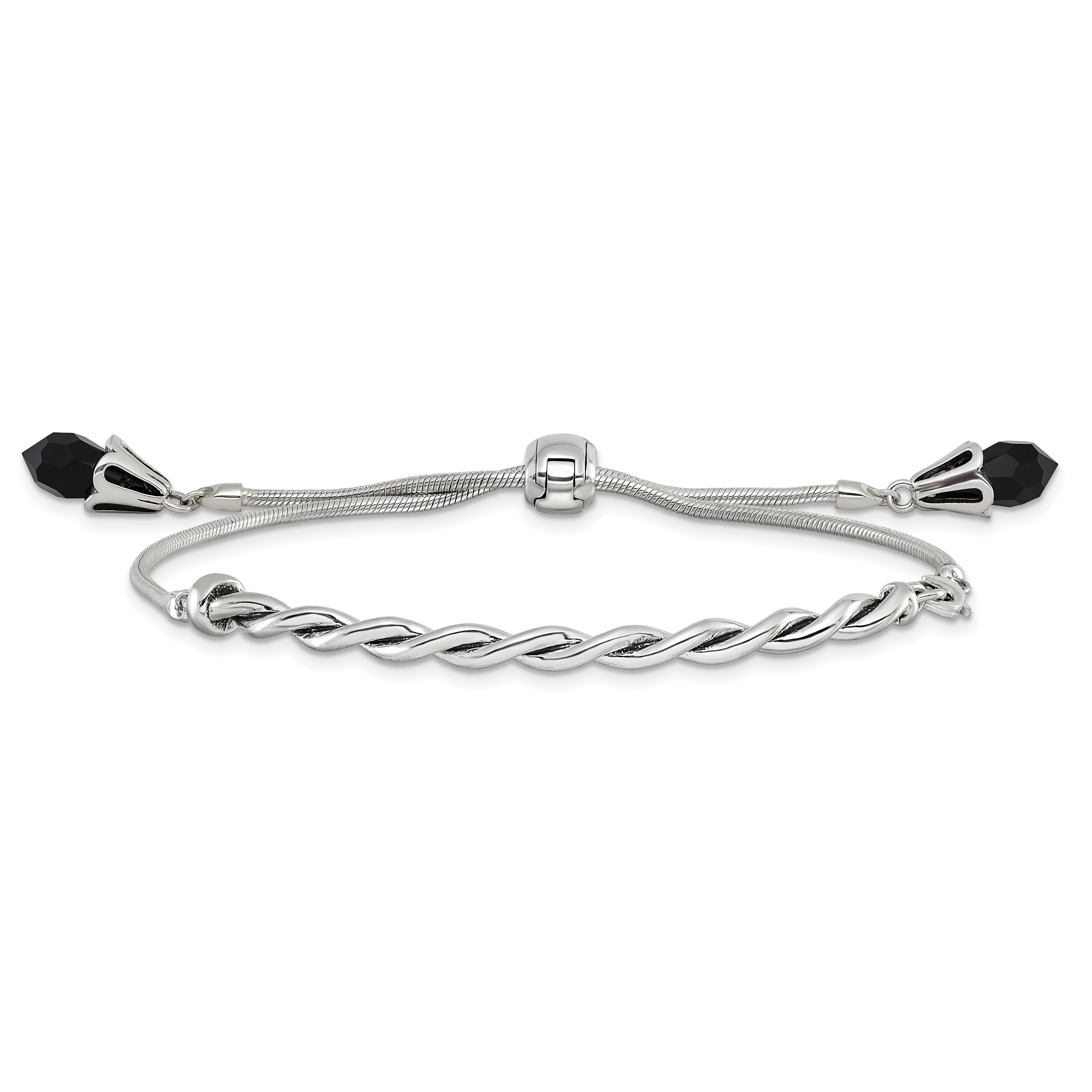 Sterling Silver Antiqued Reflections Black Crystal Adjustable Bracelet