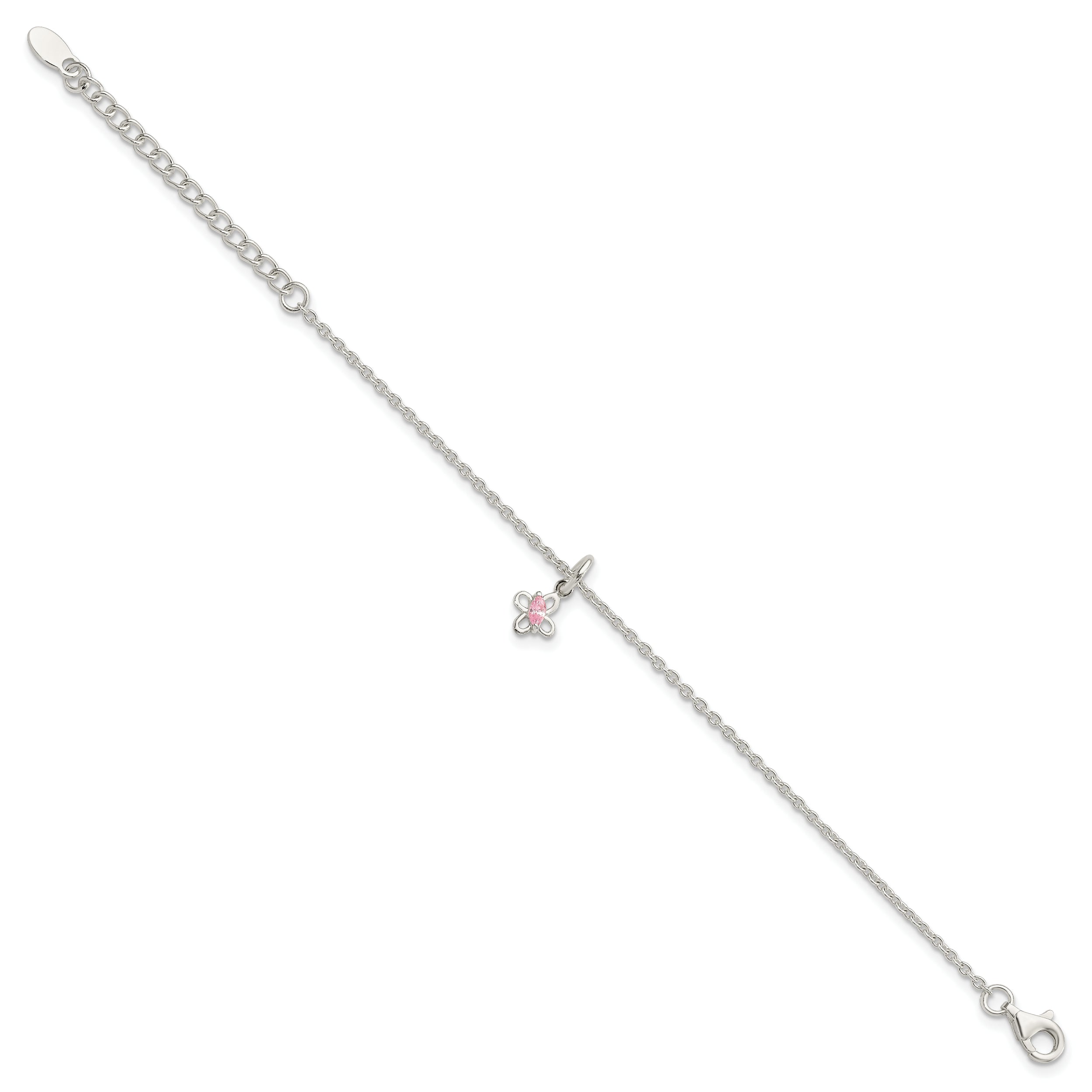 Sterling Silver Polished Pink CZ Butterfly With  1.5in Ext. Children's Bracele