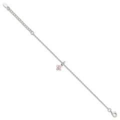 Sterling Silver Polished Pink CZ Butterfly With  1.5in Ext. Children's Bracele
