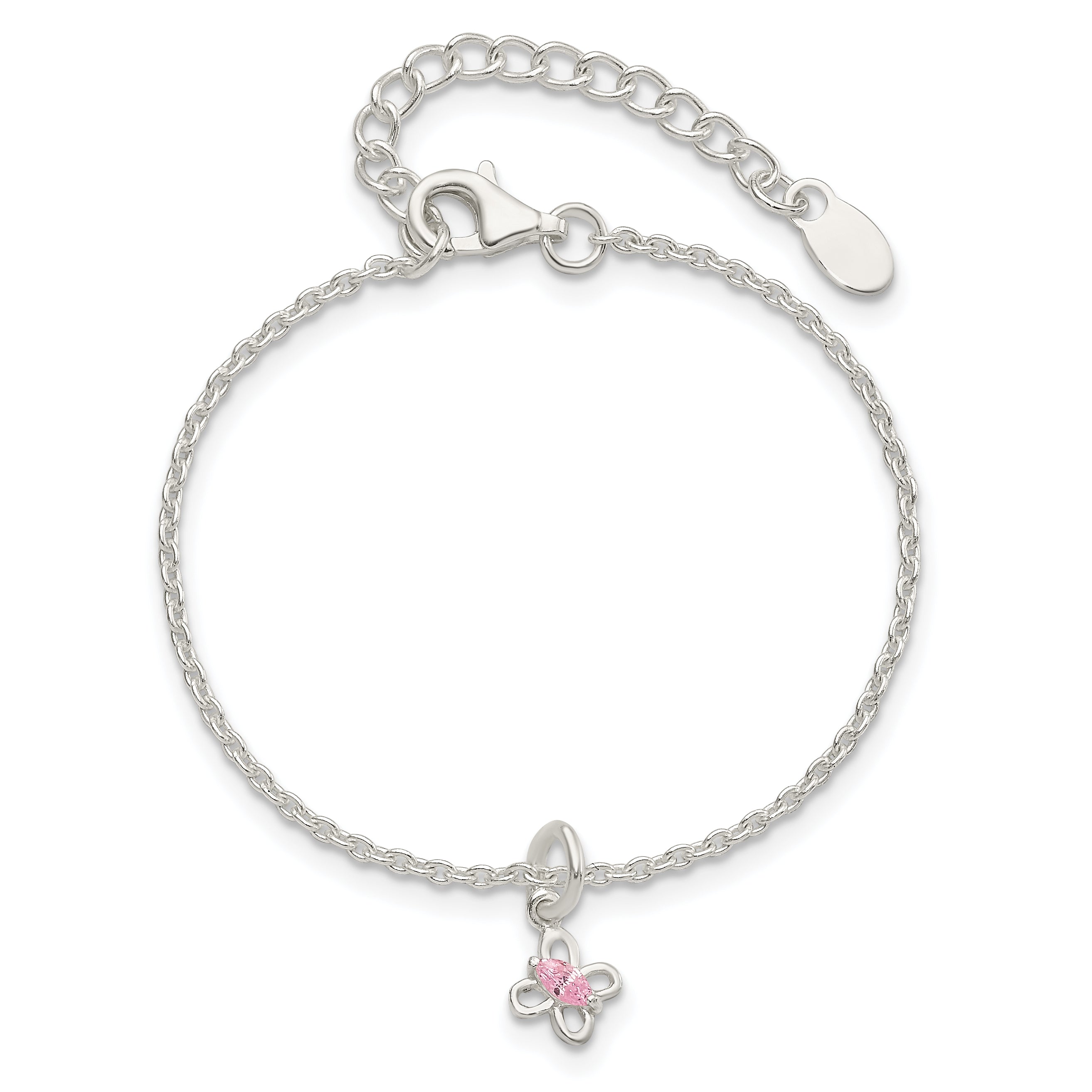 Sterling Silver Polished Pink CZ Butterfly With  1.5in Ext. Children's Bracele
