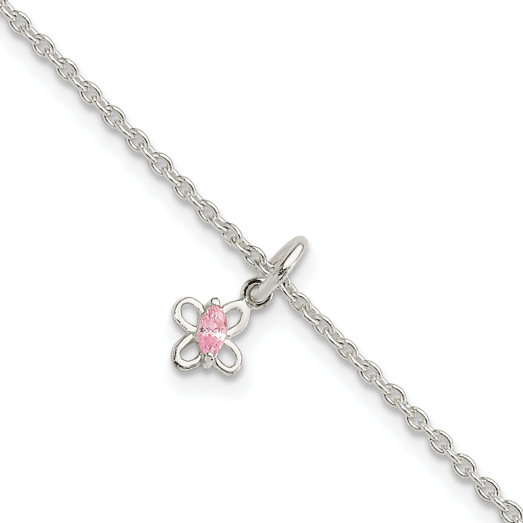 Sterling Silver Polished Pink CZ Butterfly With  1.5in Ext. Children's Bracele
