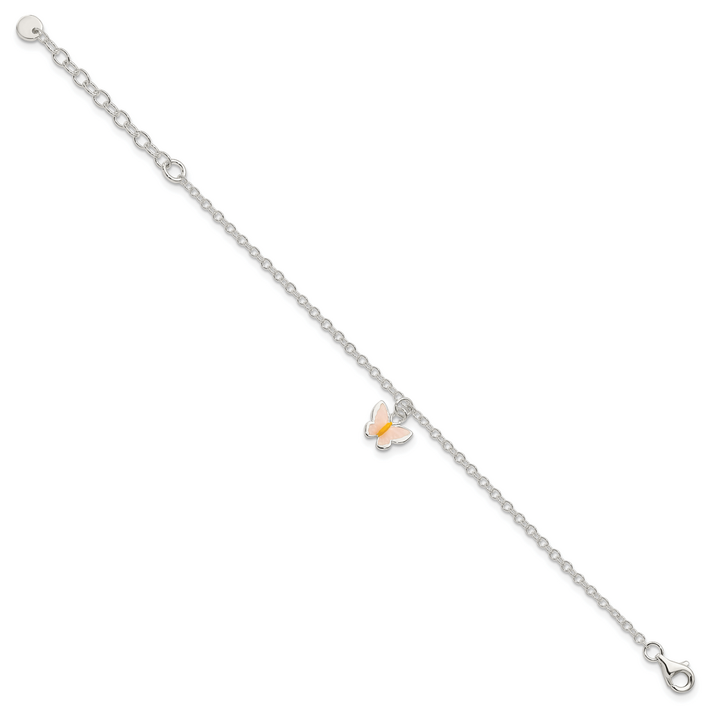 Sterling Silver Polished Enamel Butterfly With  1.5in ext. Childrens Bracelet