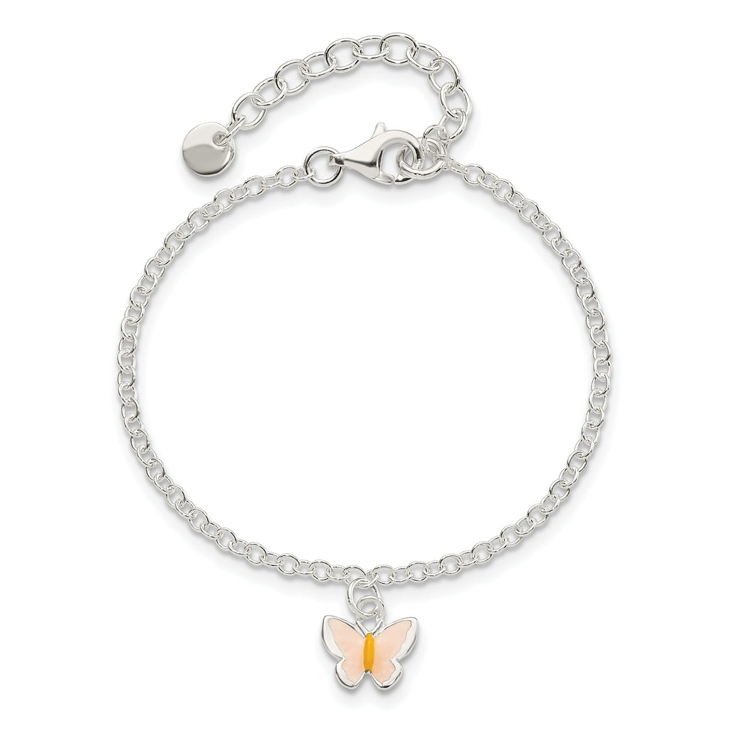 Sterling Silver Polished Enamel Butterfly With  1.5in ext. Childrens Bracelet