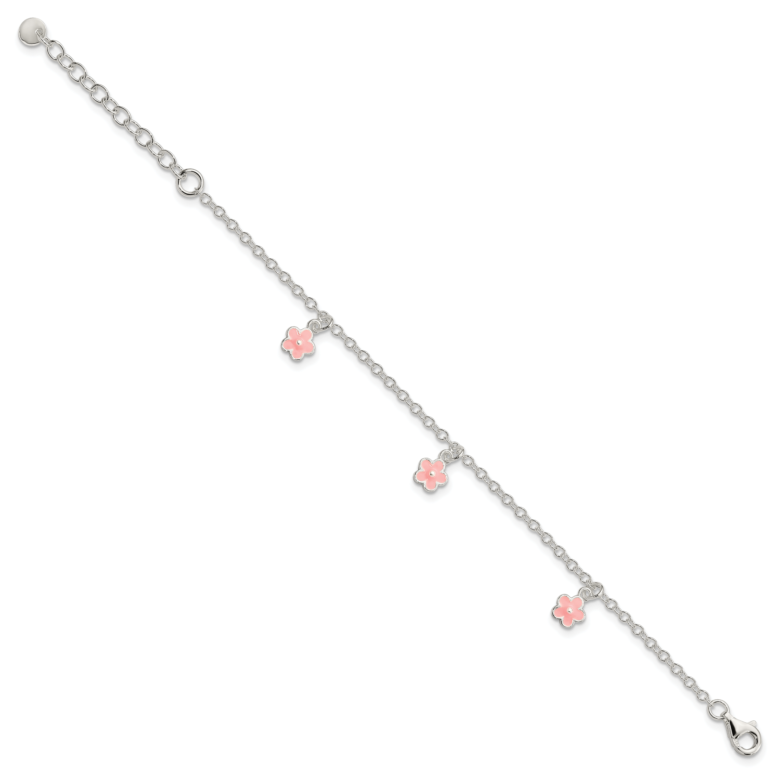 Sterling Silver Polished Pink Enamel Flowers With 1.5in Ext Children's Bracele Secondary image