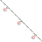 Sterling Silver Polished Pink Enamel Flowers With 1.5in Ext Children's Bracele