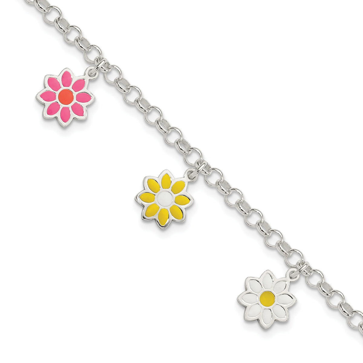Multi-Color Enamel Dangle Flowers Bracelet in Sterling Silver, 6 Inch - Sophia Jewelers Main image