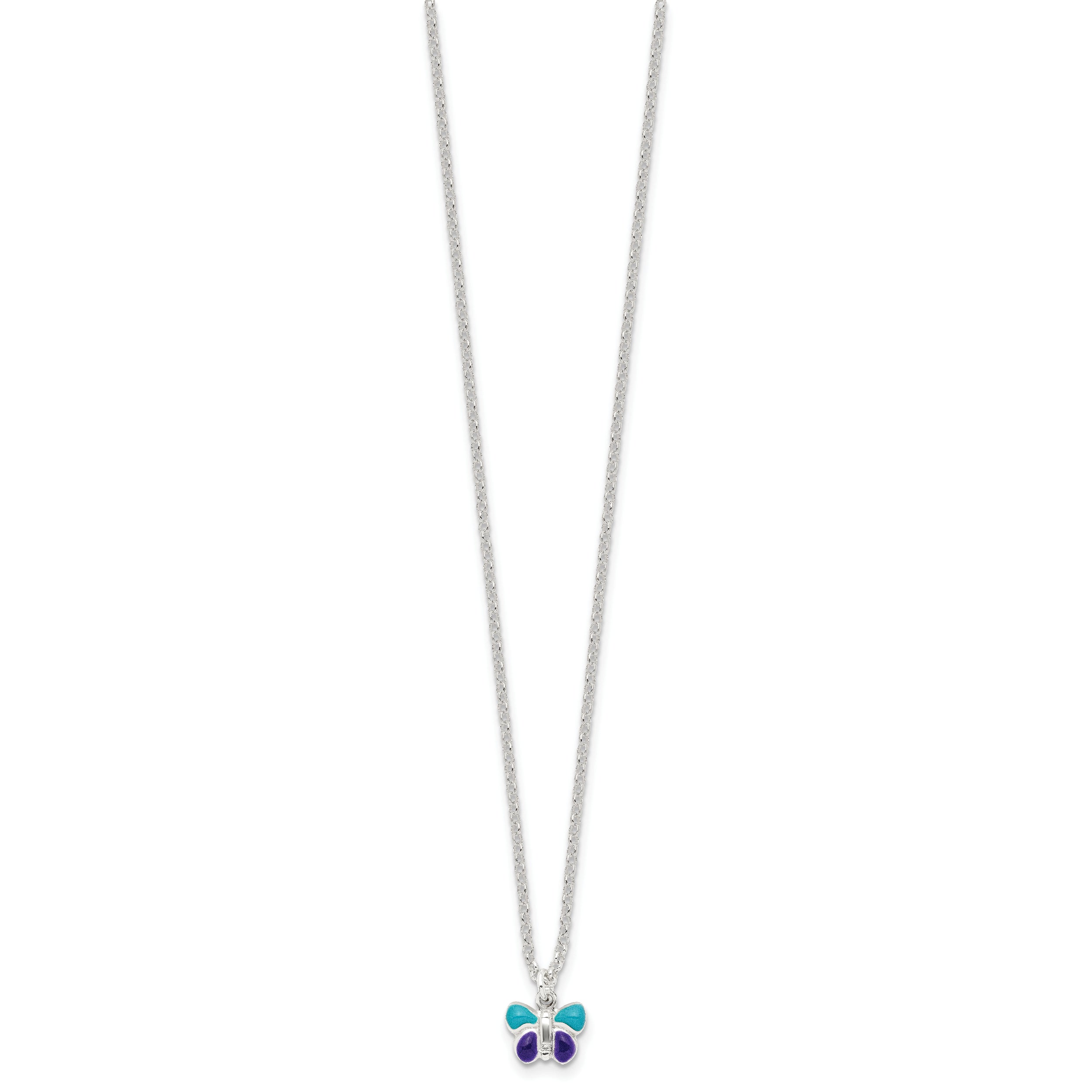 Sterling Silver Polished Blue & Purple Enameled Butterfly with 1.5inch Extension Children's Necklace