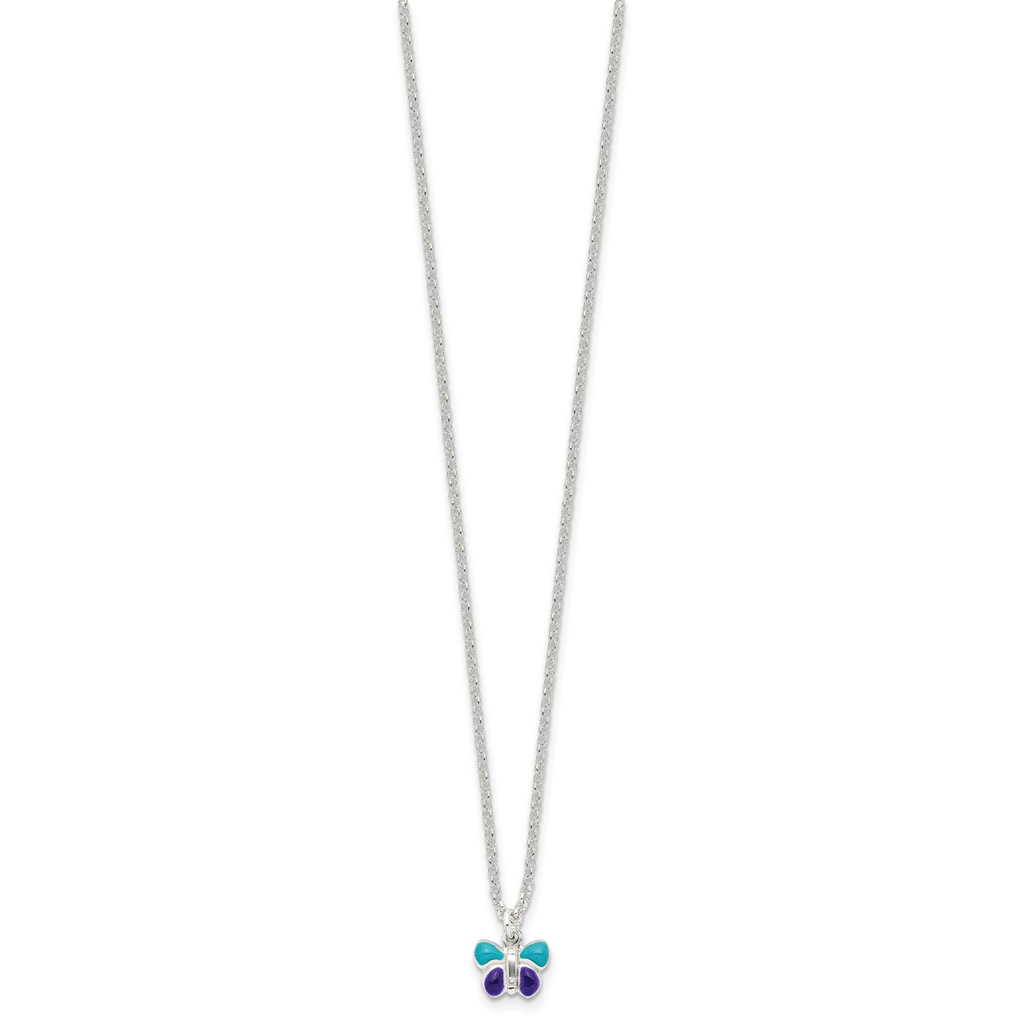 Sterling Silver Polished Blue & Purple Enameled Butterfly with 1.5inch Extension Children's Necklace