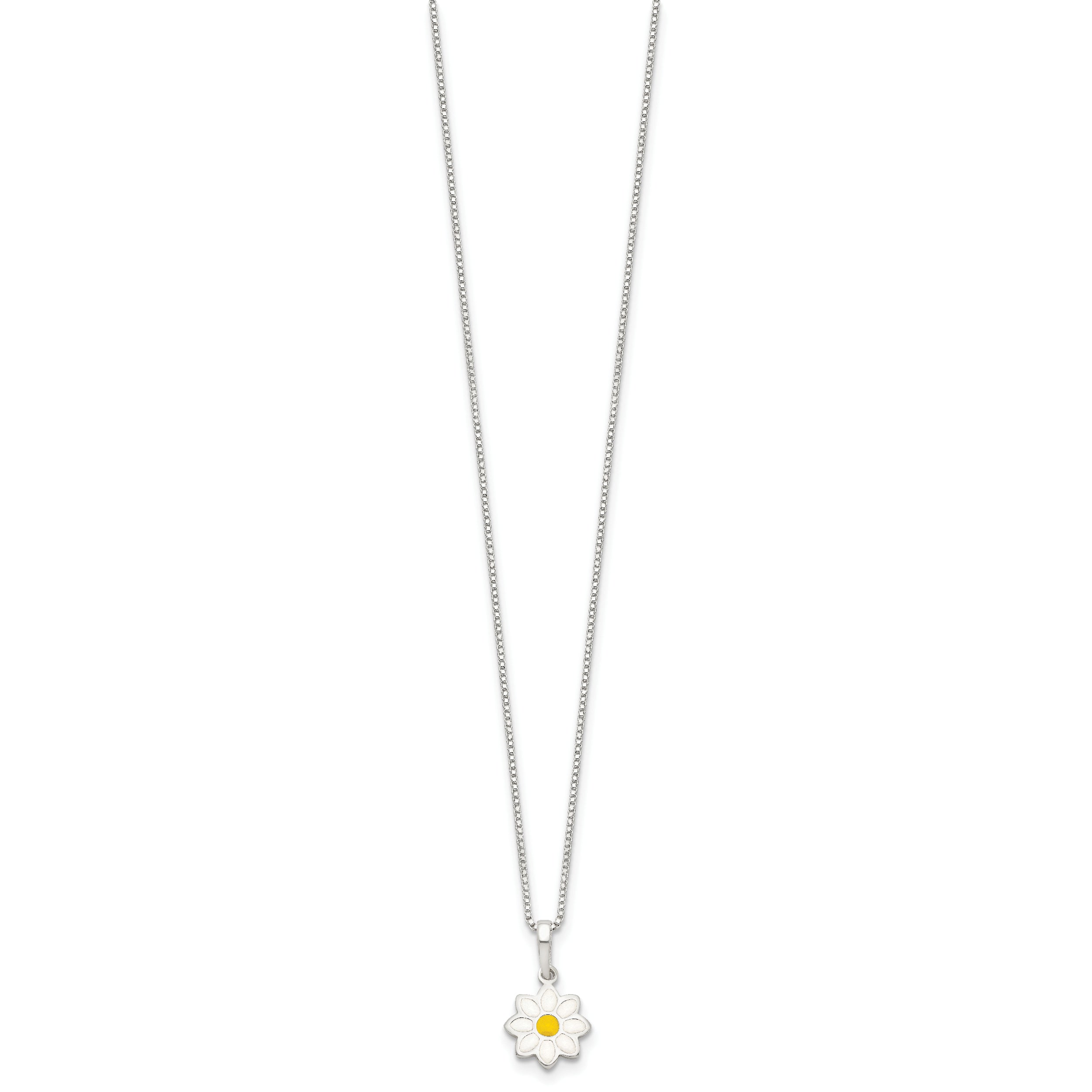 Sterling Silver Polished Yellow & White Enamel Flower Children's Necklace