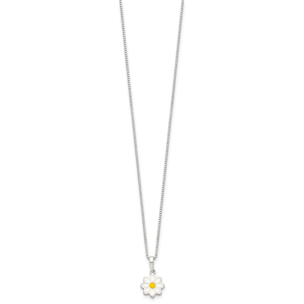 Sterling Silver Polished Yellow & White Enamel Flower Children's Necklace