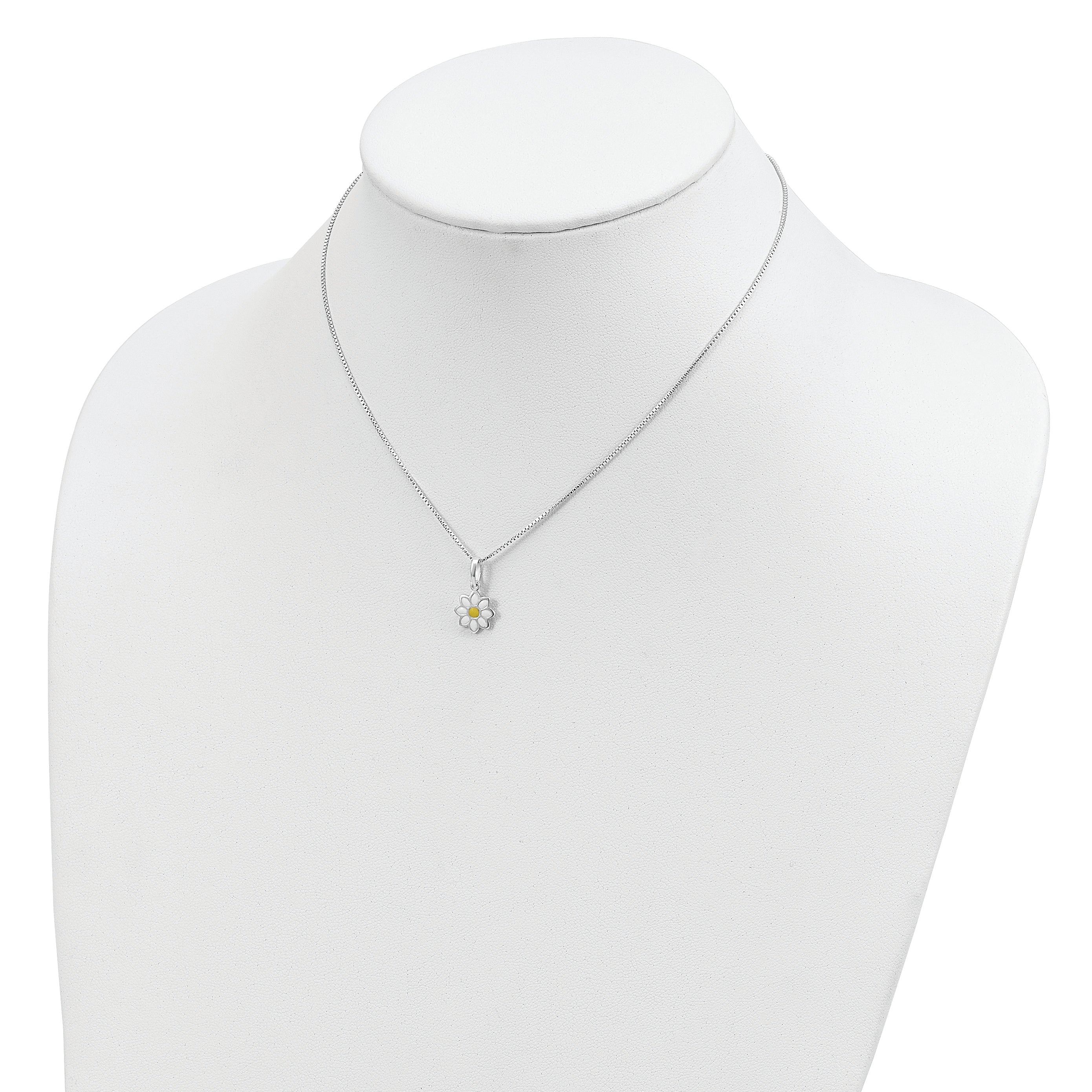 Sterling Silver Polished Yellow & White Enamel Flower Children's Necklace