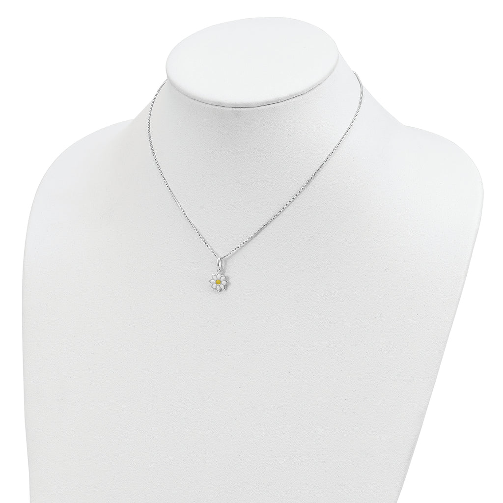 Sterling Silver Polished Yellow & White Enamel Flower Children's Necklace