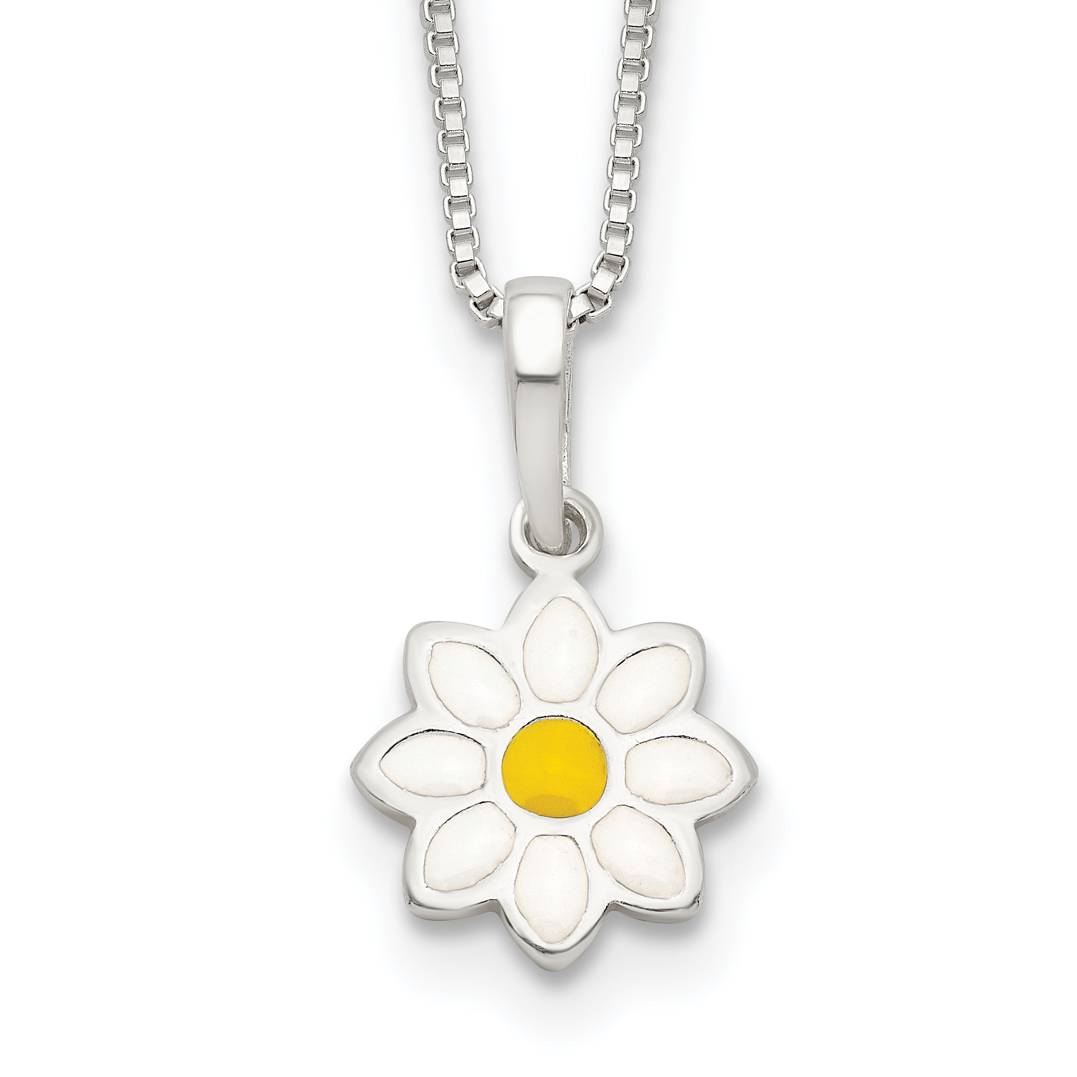 Sterling Silver Polished Yellow & White Enamel Flower Children's Necklace Main image