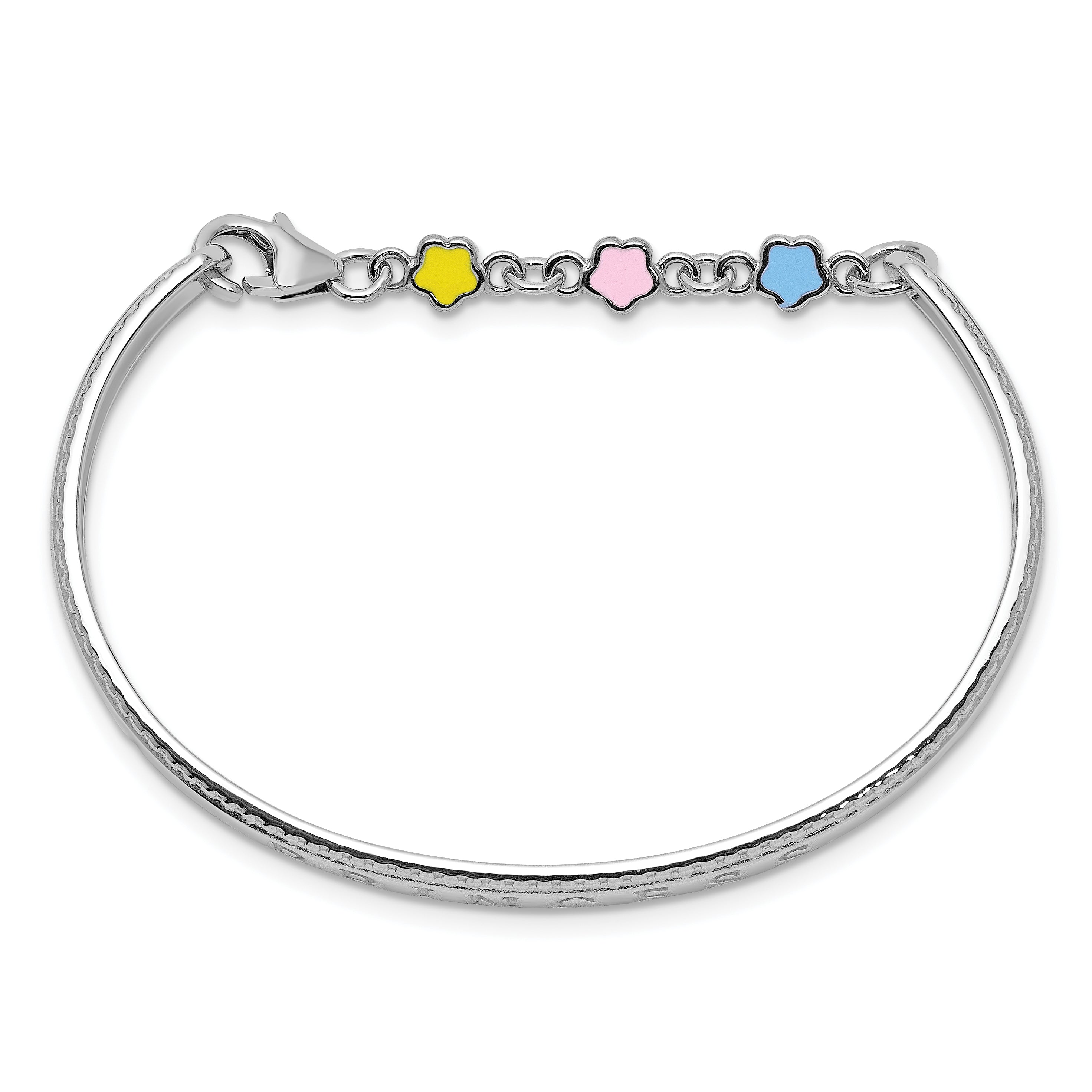 Sterling Silver Rhodium-plated Polished & Beaded Multi-color Enameled Flowers & Hearts PRINCESS with Chain Baby Bangle Secondary image