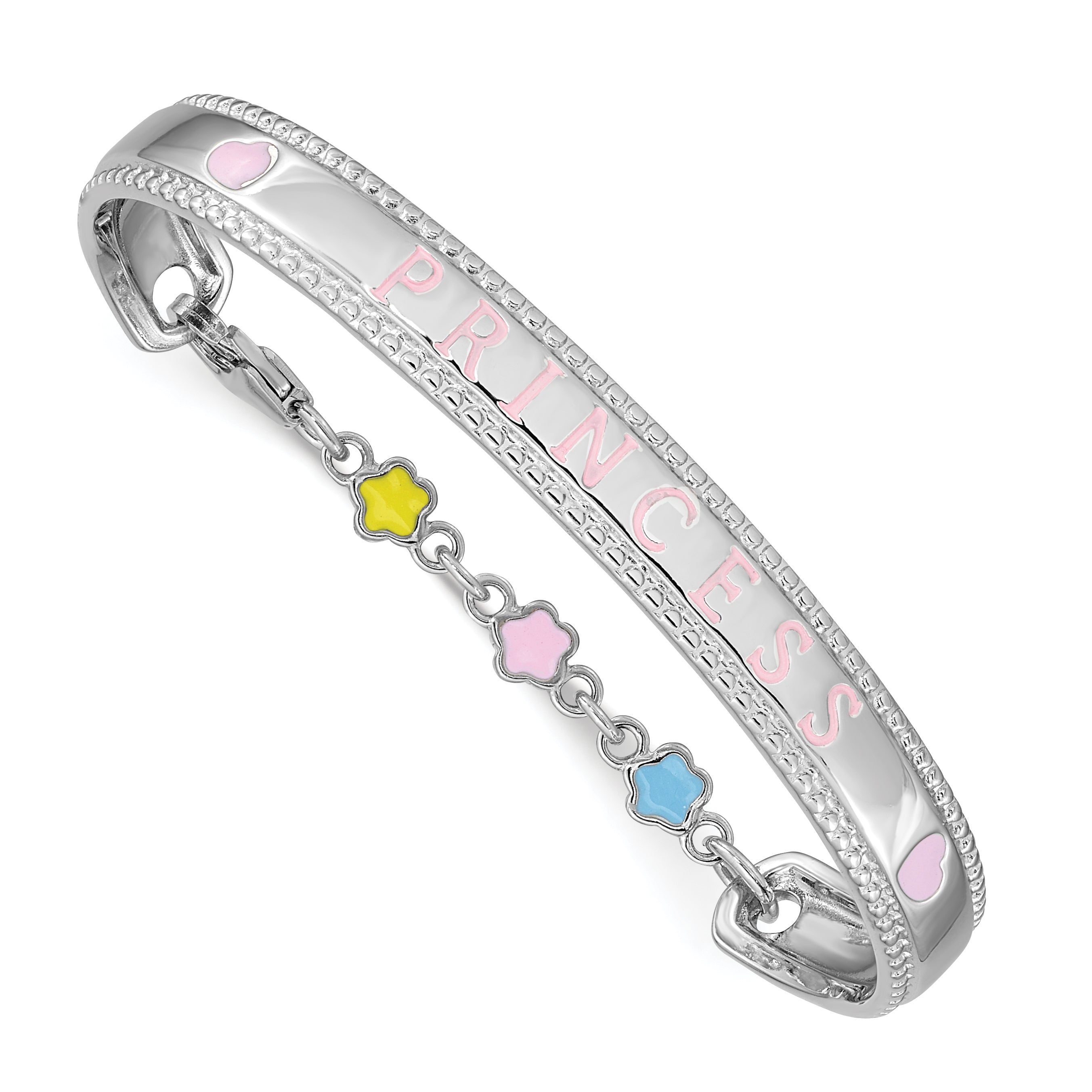 Sterling Silver Rhodium-plated Polished & Beaded Multi-color Enameled Flowers & Hearts PRINCESS with Chain Baby Bangle Main image