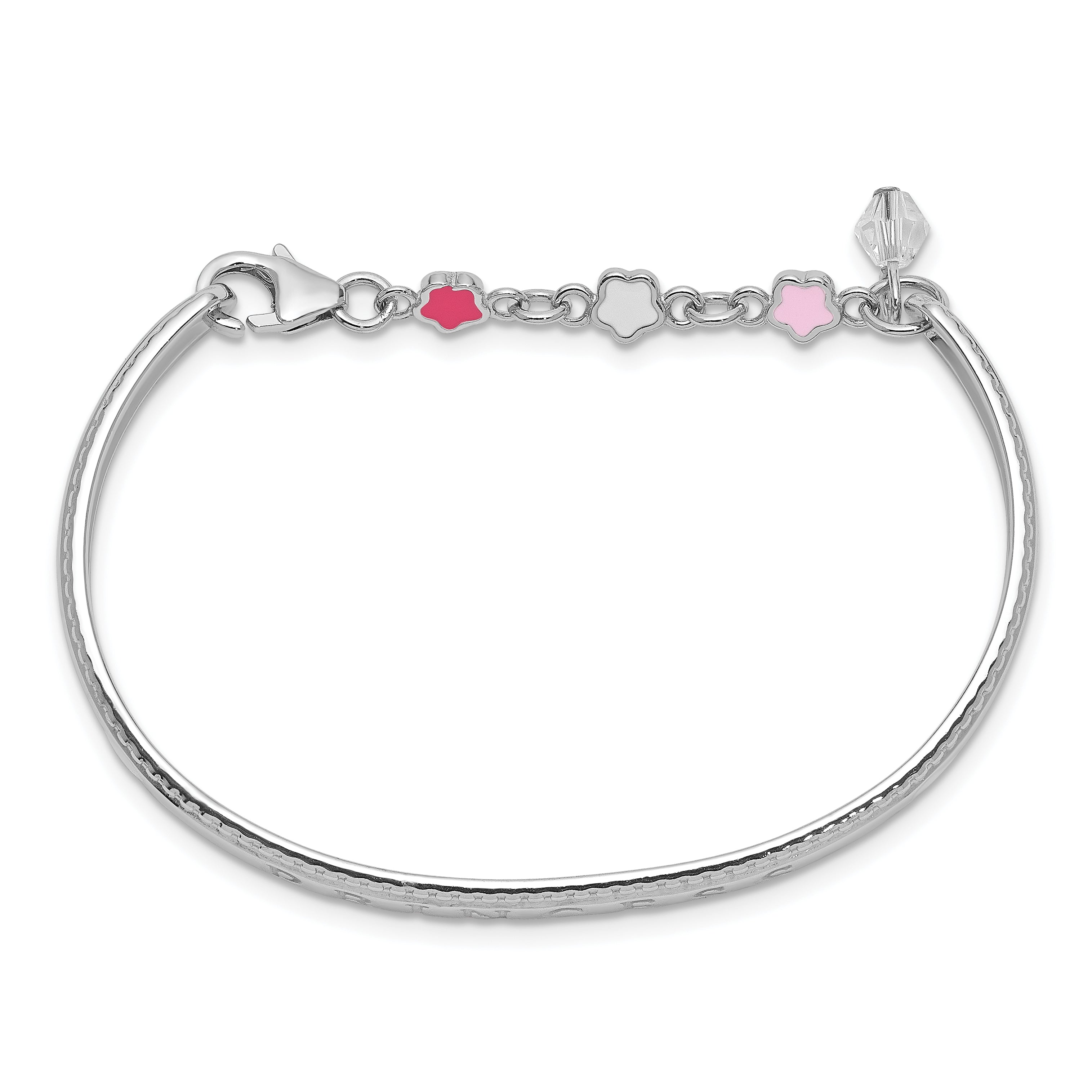 Sterling Silver Rhodium-plated Polished & Beaded Crystal & Multi-color Enameled PRINCESS with Chain Baby Bangle Secondary image