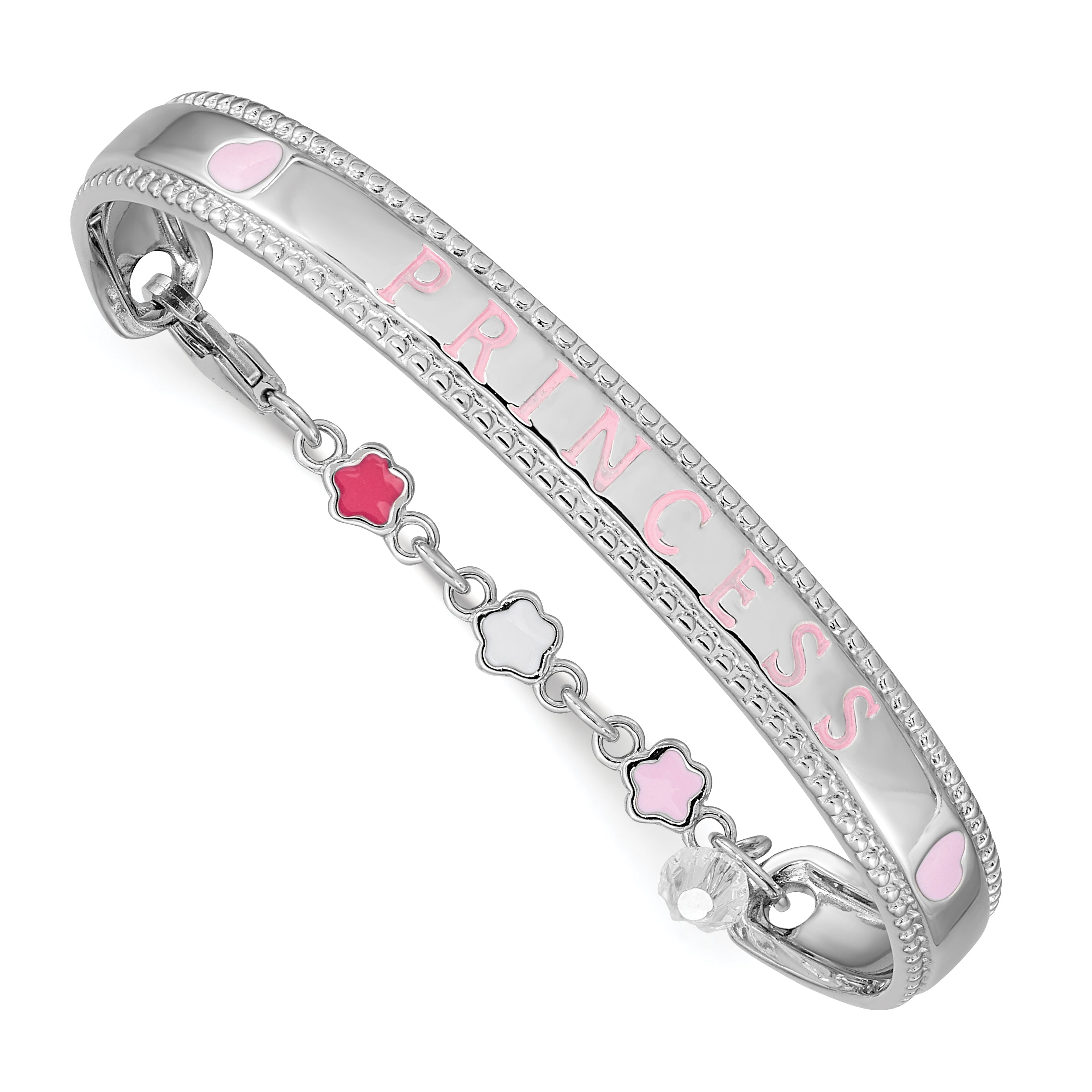 Sterling Silver Rhodium-plated Polished & Beaded Crystal & Multi-color Enameled PRINCESS with Chain Baby Bangle Main image