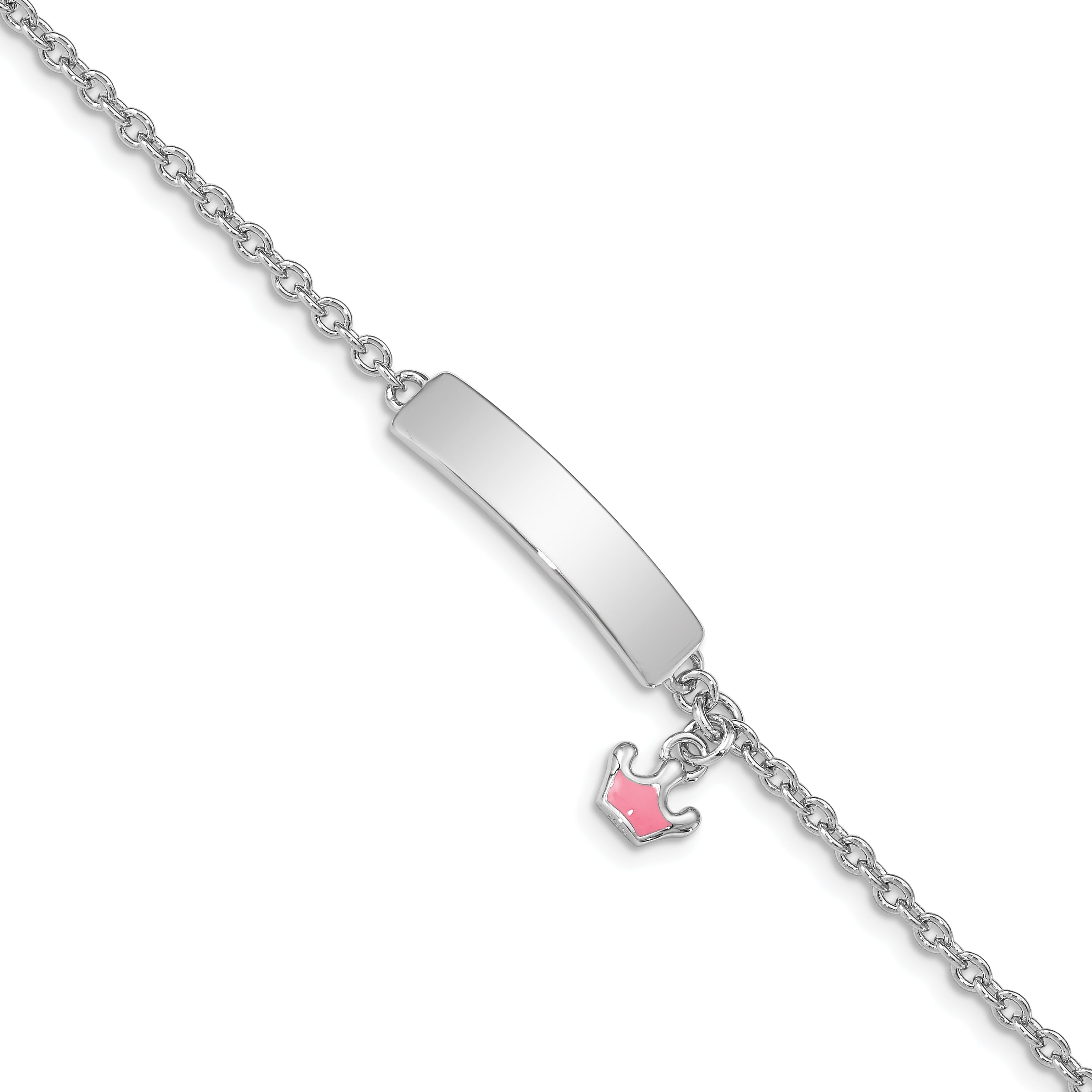 Sterling Silver Rhodium-plated Polished & Pink Enameled Crown with 1 Inch Extension Children's ID Bracelet Main image