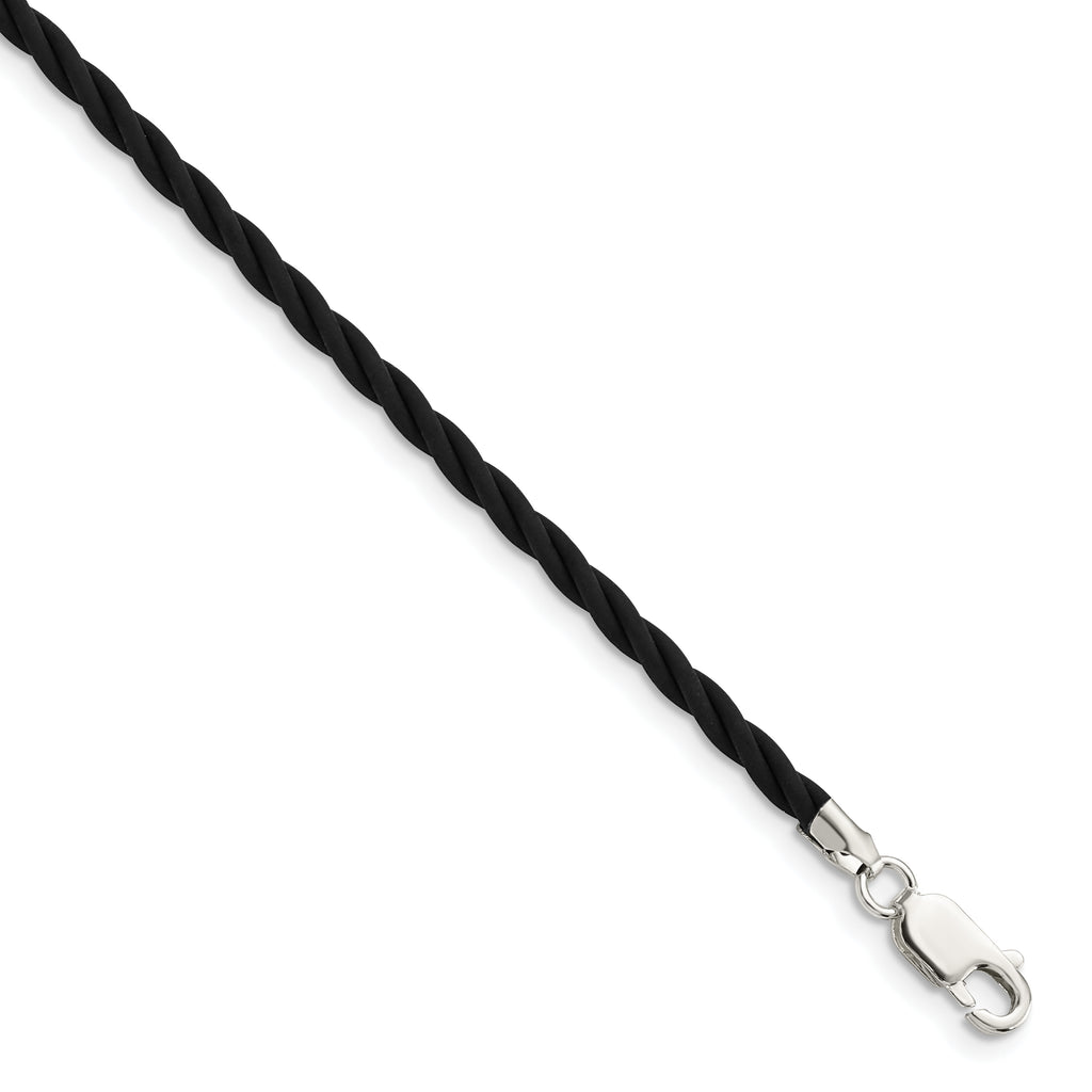 Sterling Silver 3mm Black Twisted Rubber Necklace