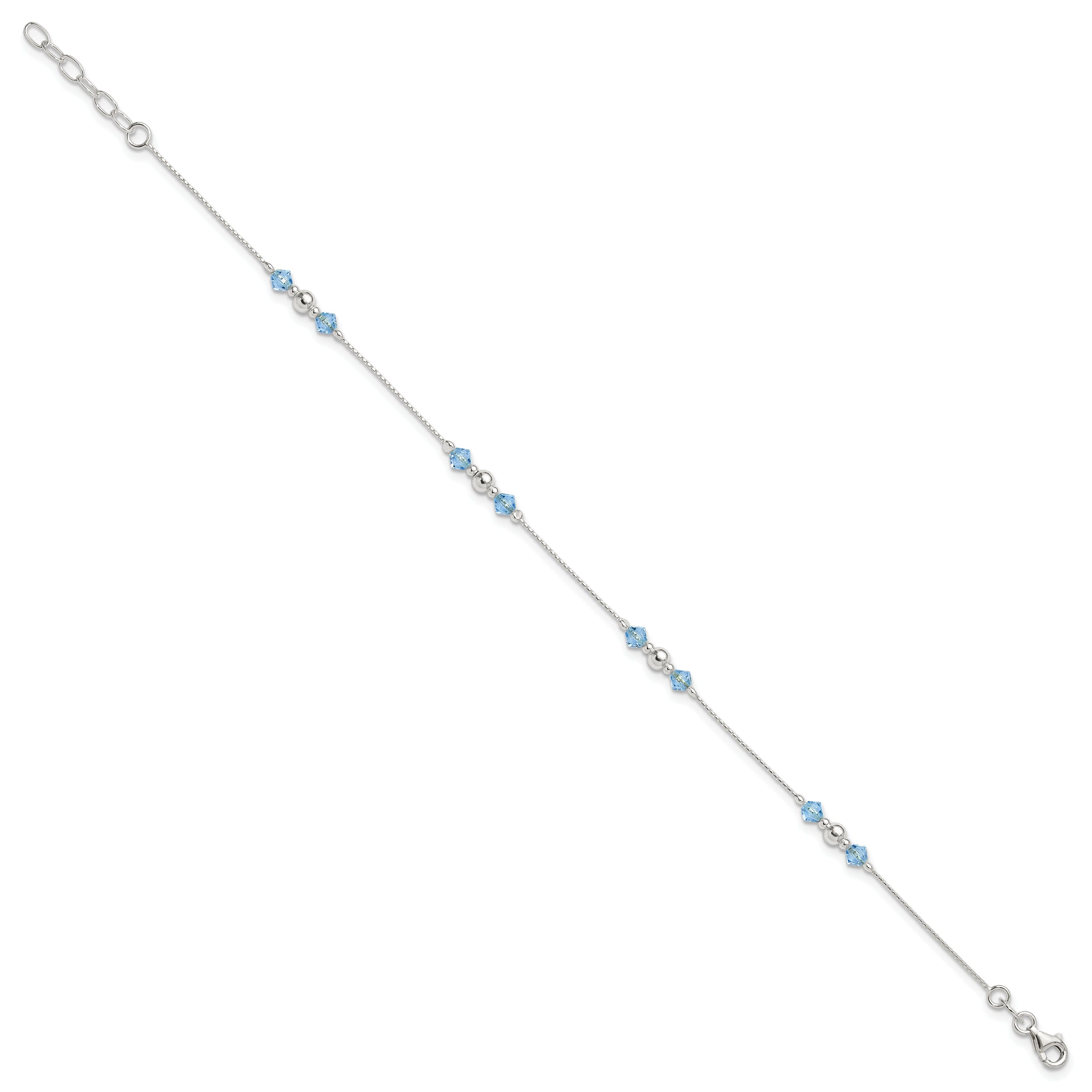 Sterling Silver Bead and Blue CZ 10 inch Plus 1 inch Extender - Total 11 inch Anklet