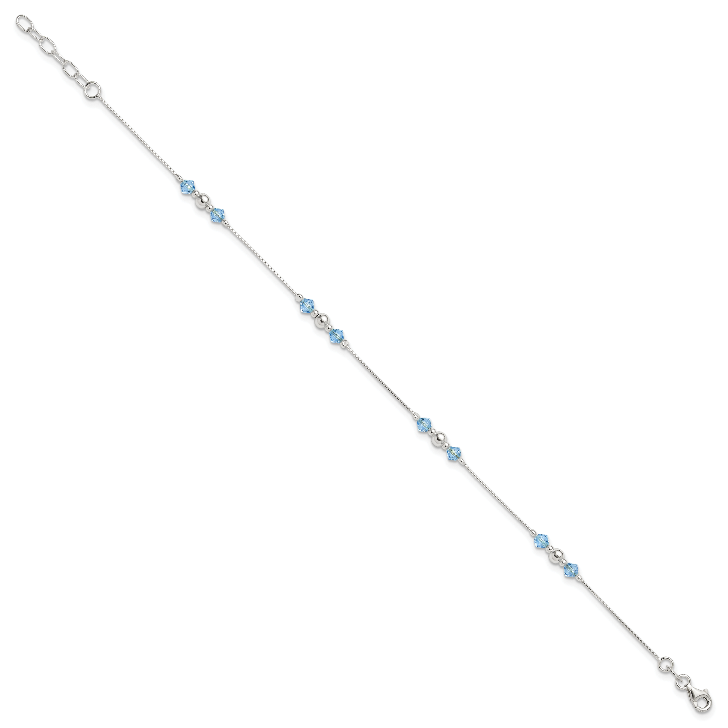 Sterling Silver Bead and Blue CZ 9 inch Plus 1 inch Extender - Total 10 inch Anklet Secondary image