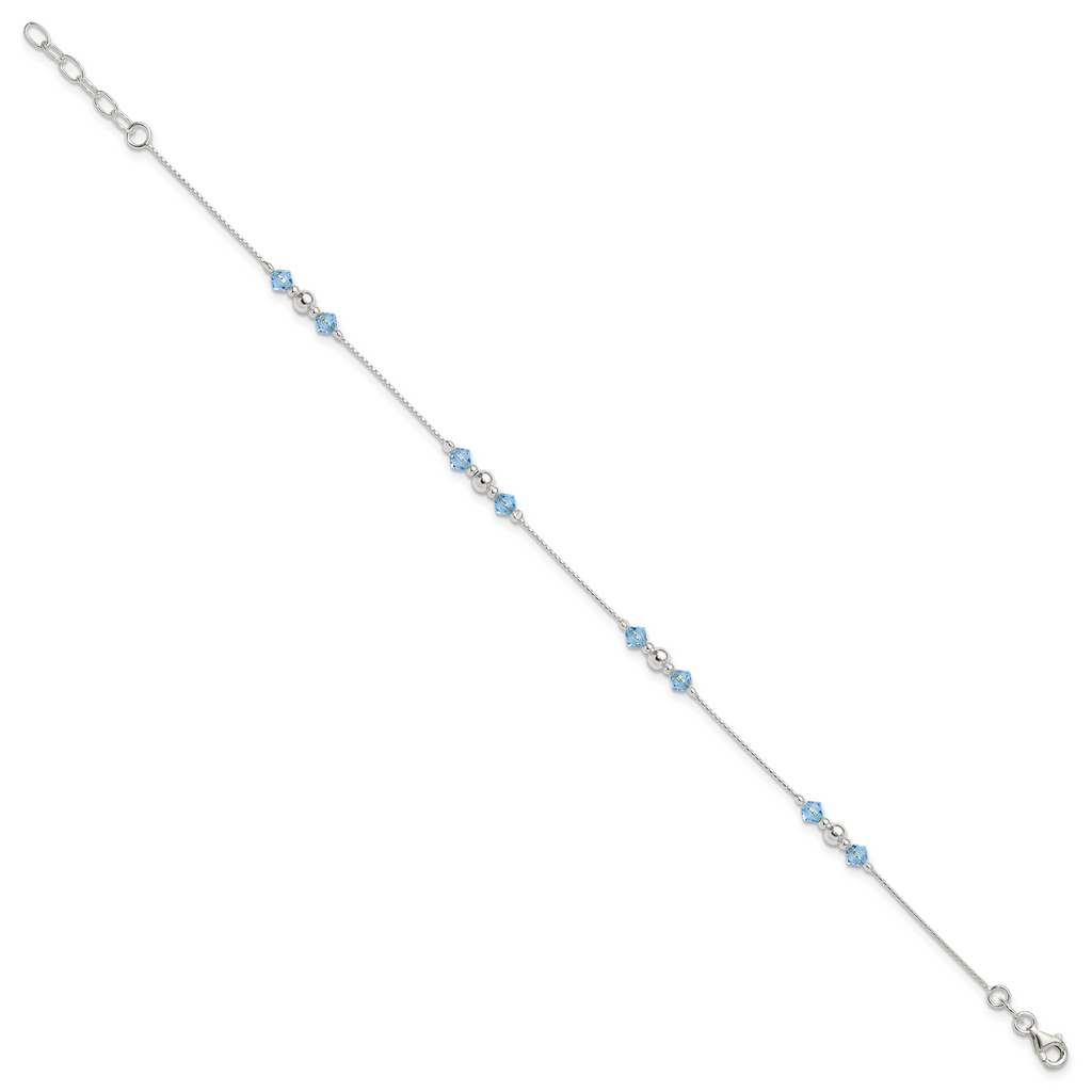 Sterling Silver Bead and Blue CZ 10 inch Plus 1 inch Extender - Total 11 inch Anklet