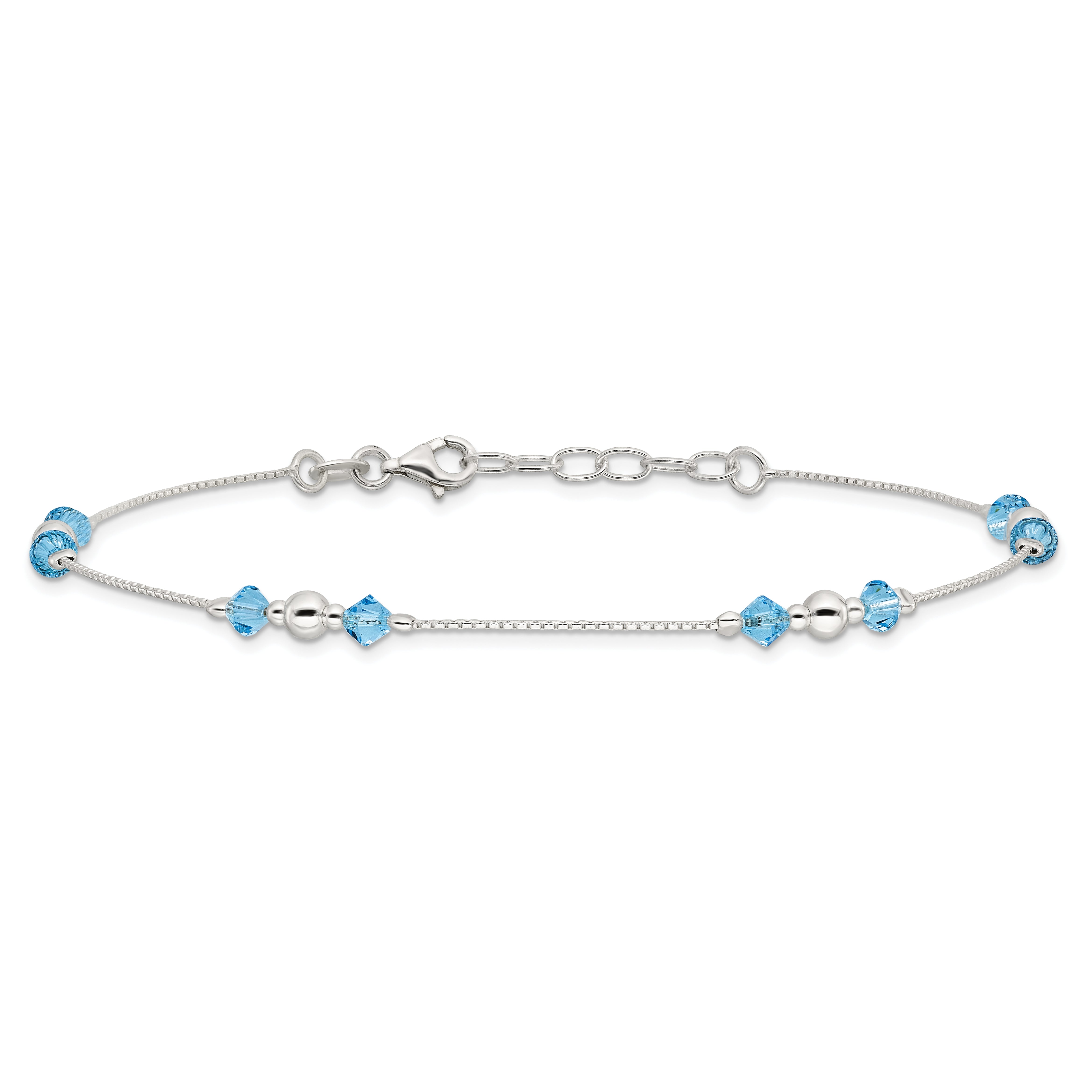 Sterling Silver Bead and Blue CZ 10 inch Plus 1 inch Extender - Total 11 inch Anklet