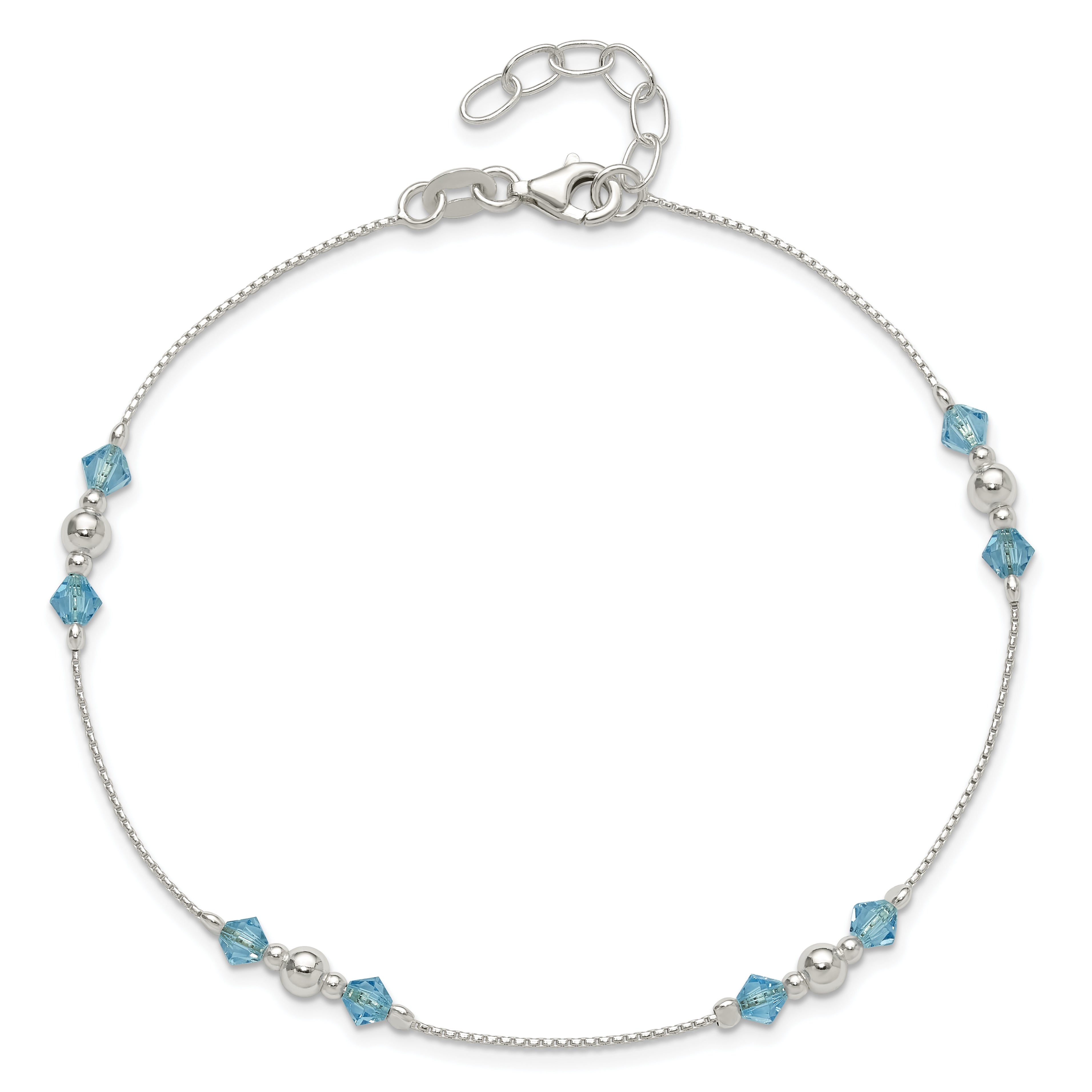 Sterling Silver Bead and Blue CZ 10 inch Plus 1 inch Extender - Total 11 inch Anklet