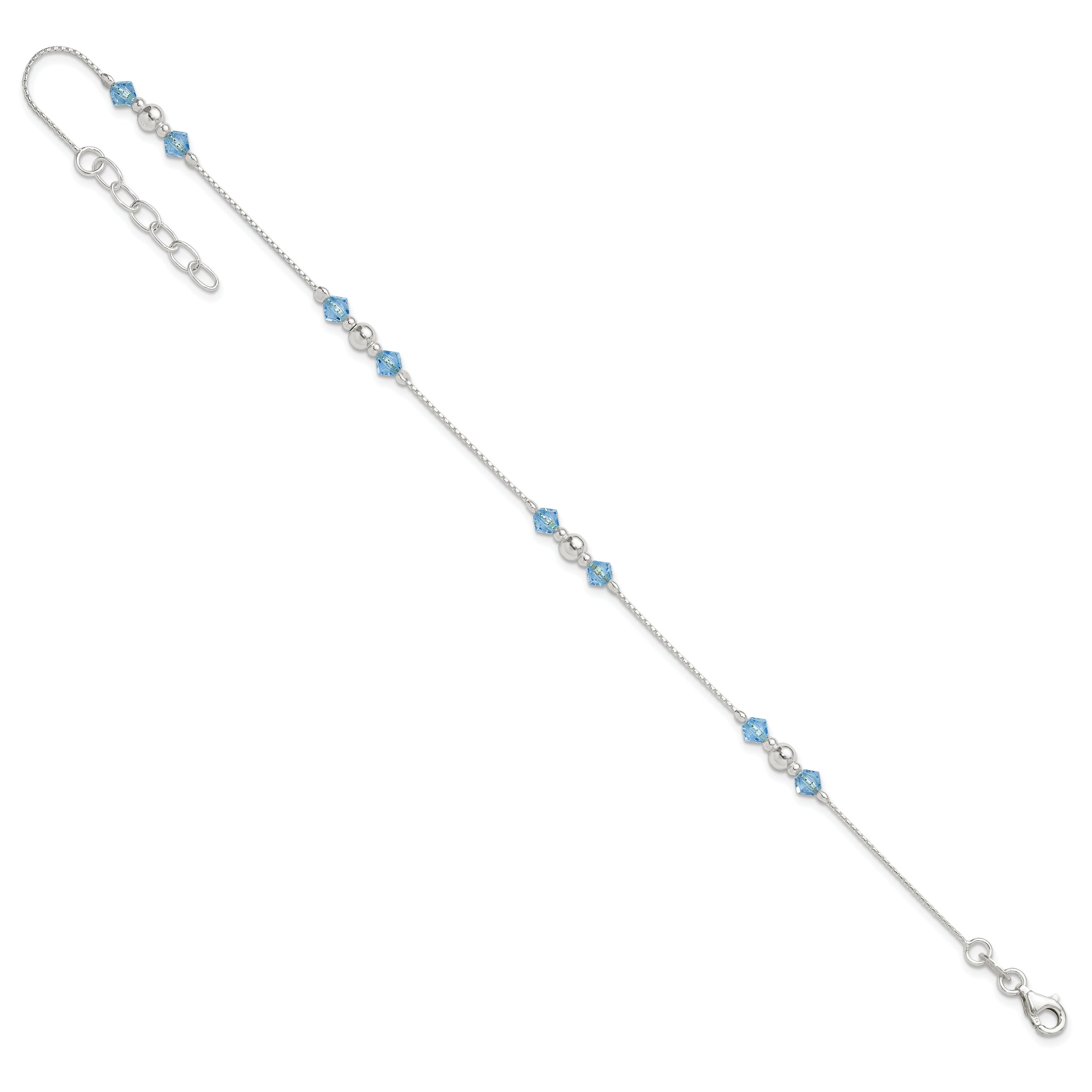 Sterling Silver Bead and Blue CZ 9 inch Plus 1 inch Extender - Total 10 inch Anklet