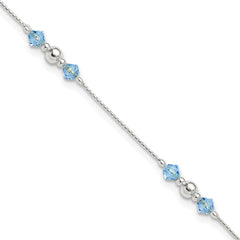 Sterling Silver Bead and Blue CZ 10 inch Plus 1 inch Extender - Total 11 inch Anklet