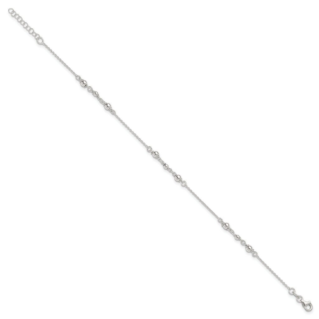 Sterling Silver Beaded 9 inch Plus 1 inch Extender - Total 10 inch Anklet