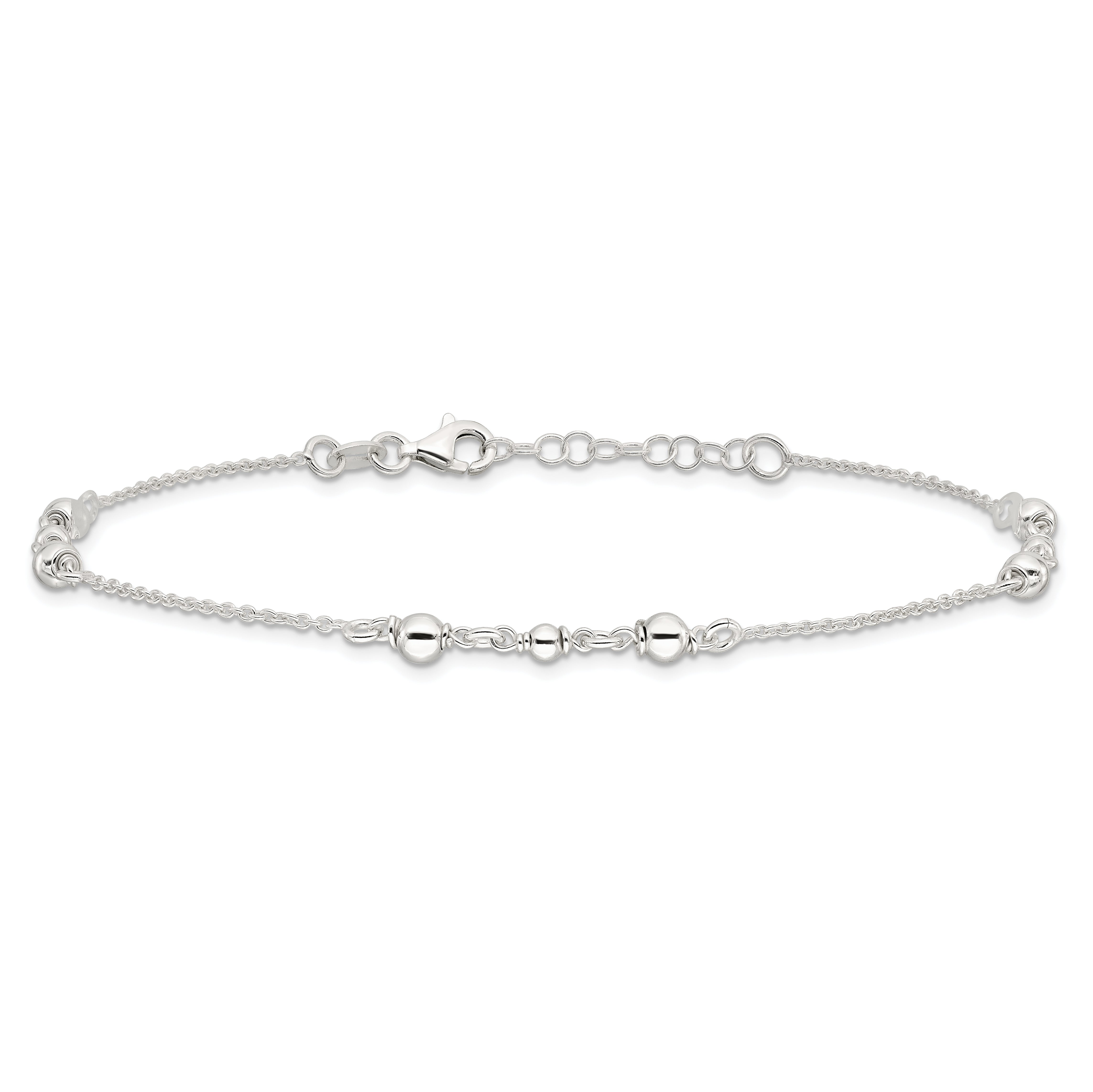 Sterling Silver Beaded 9 inch Plus 1 inch Extender - Total 10 inch Anklet