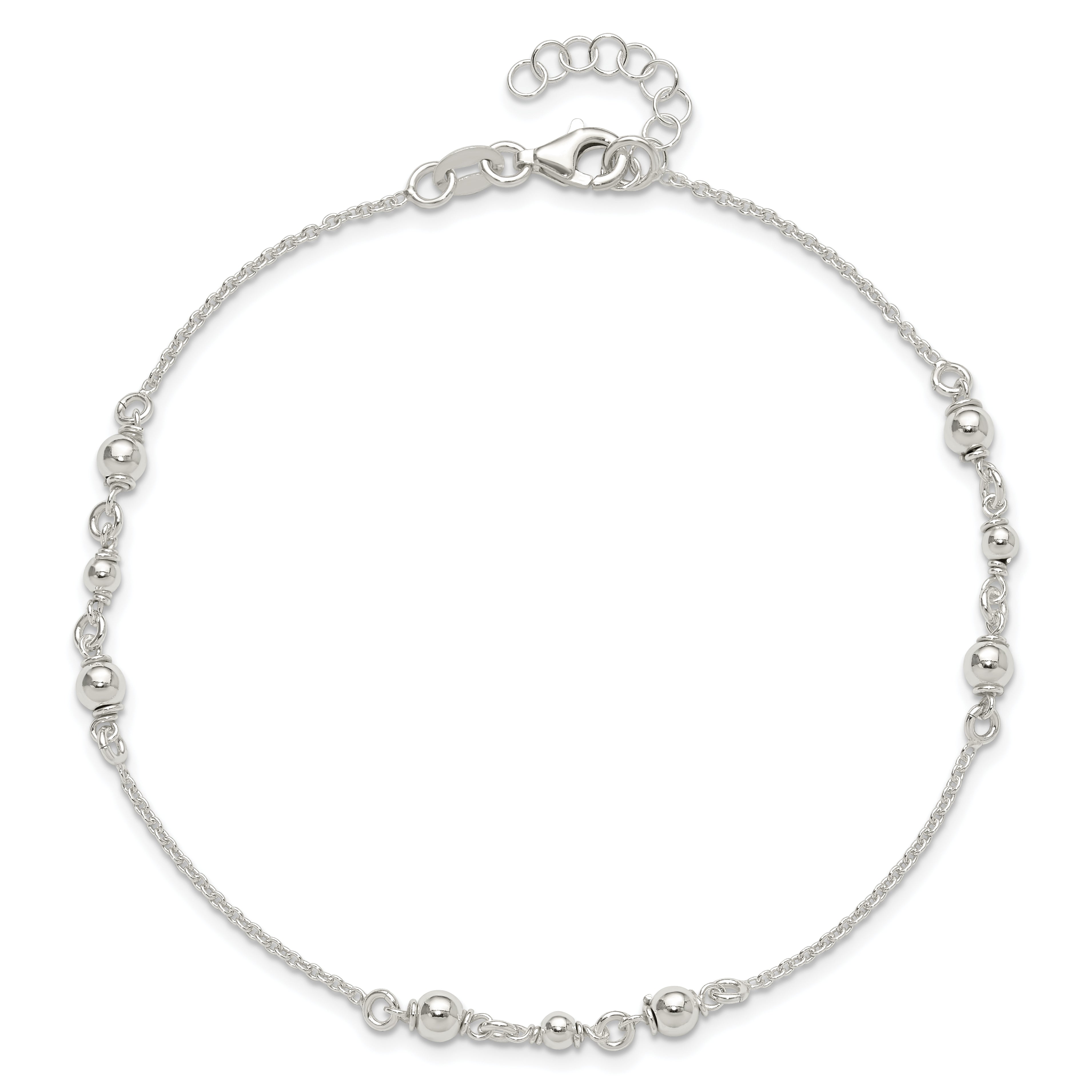Sterling Silver Beaded 9 inch Plus 1 inch Extender - Total 10 inch Anklet