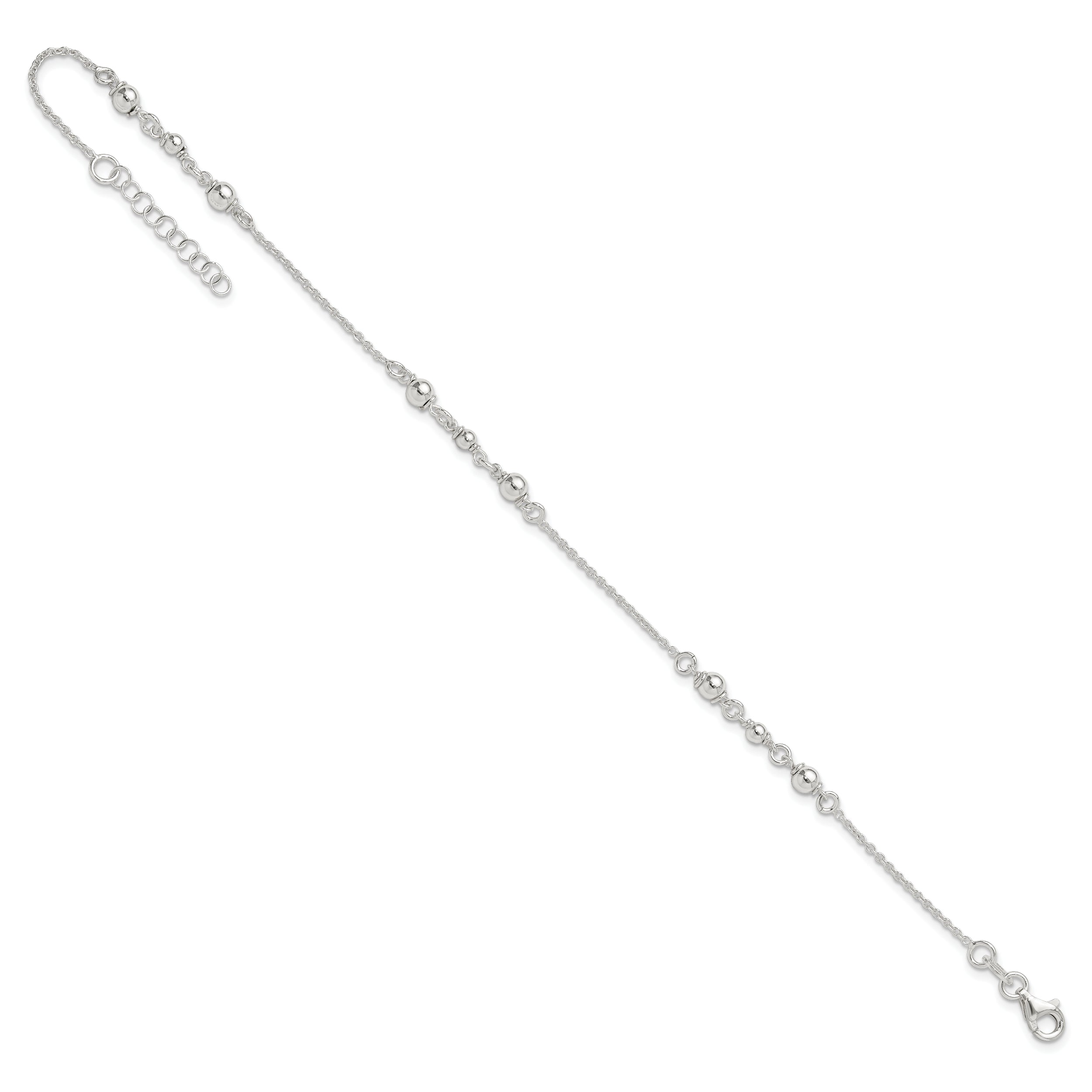 Sterling Silver Beaded 9 inch Plus 1 inch Extender - Total 10 inch Anklet